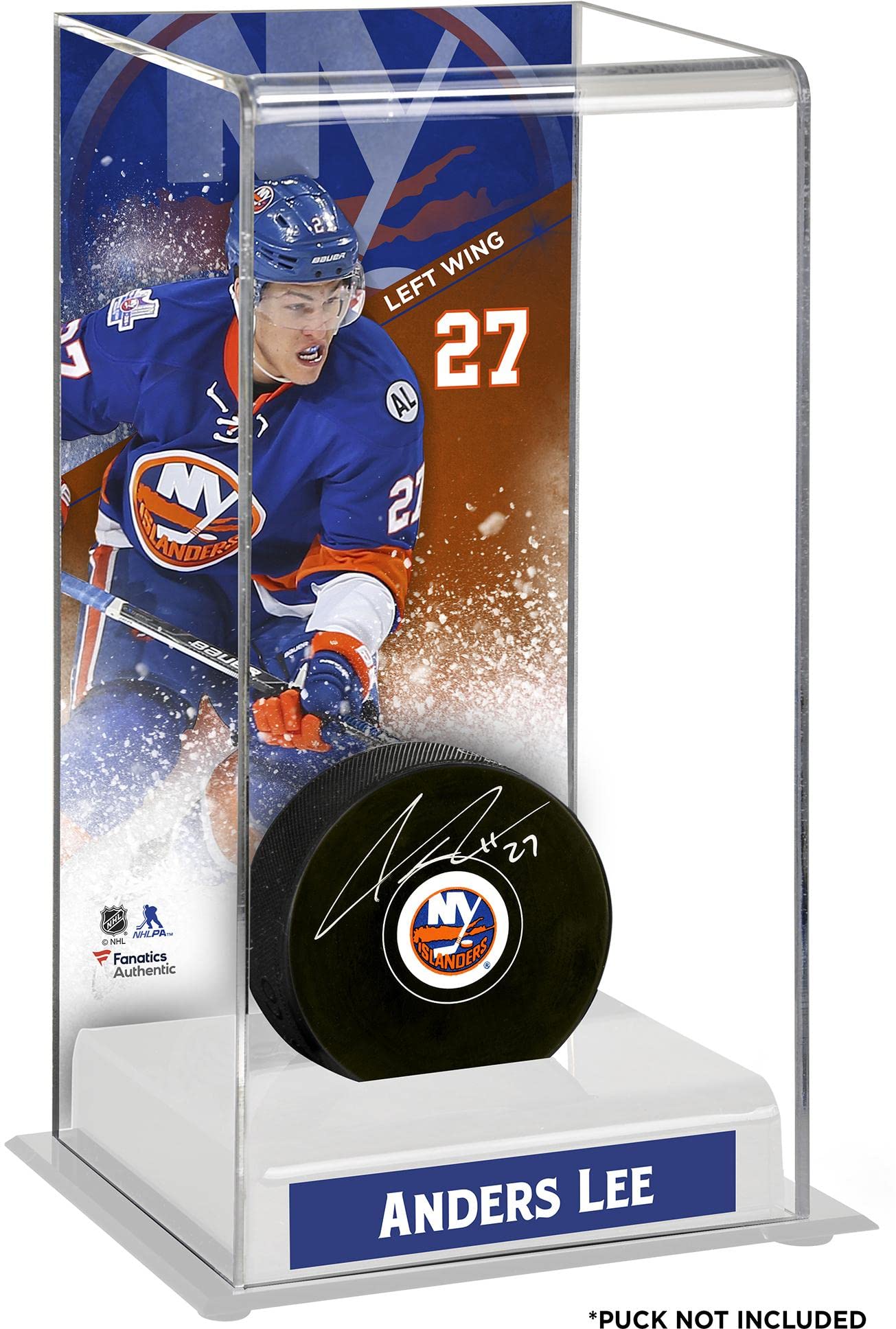 Anders Lee New York Islanders Deluxe Tall Hockey Puck Display Case - Premium Free Standing Puck Holder for Collectors & Fans - Perfect for Home, Office, or Sports Memorabilia Display