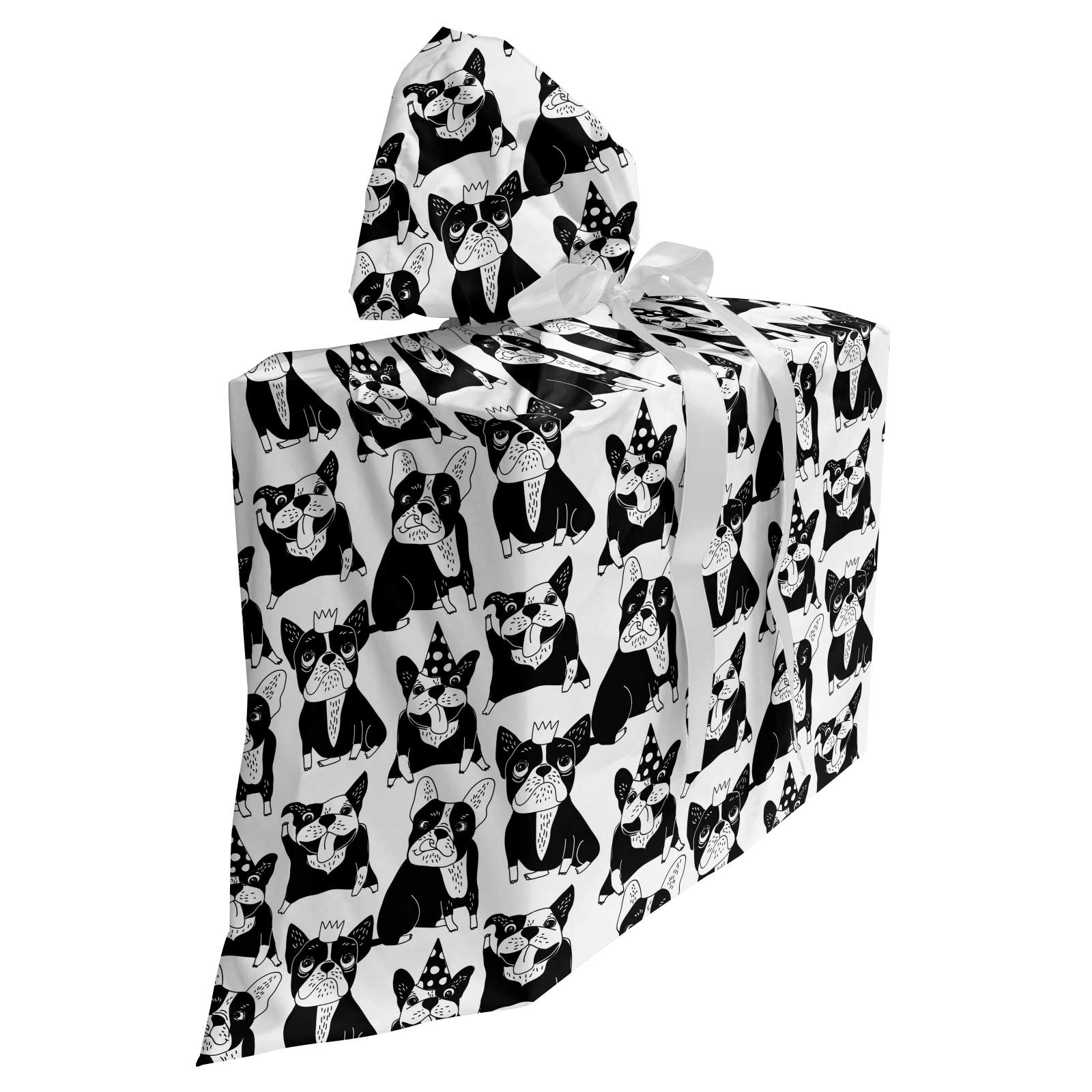 Ambesonne Bulldog Fabric Gift Bag - Fun Doodle Style with Playful Pets in Party Hats & Crowns - Black & White Present Sack for Birthdays & Parties (27