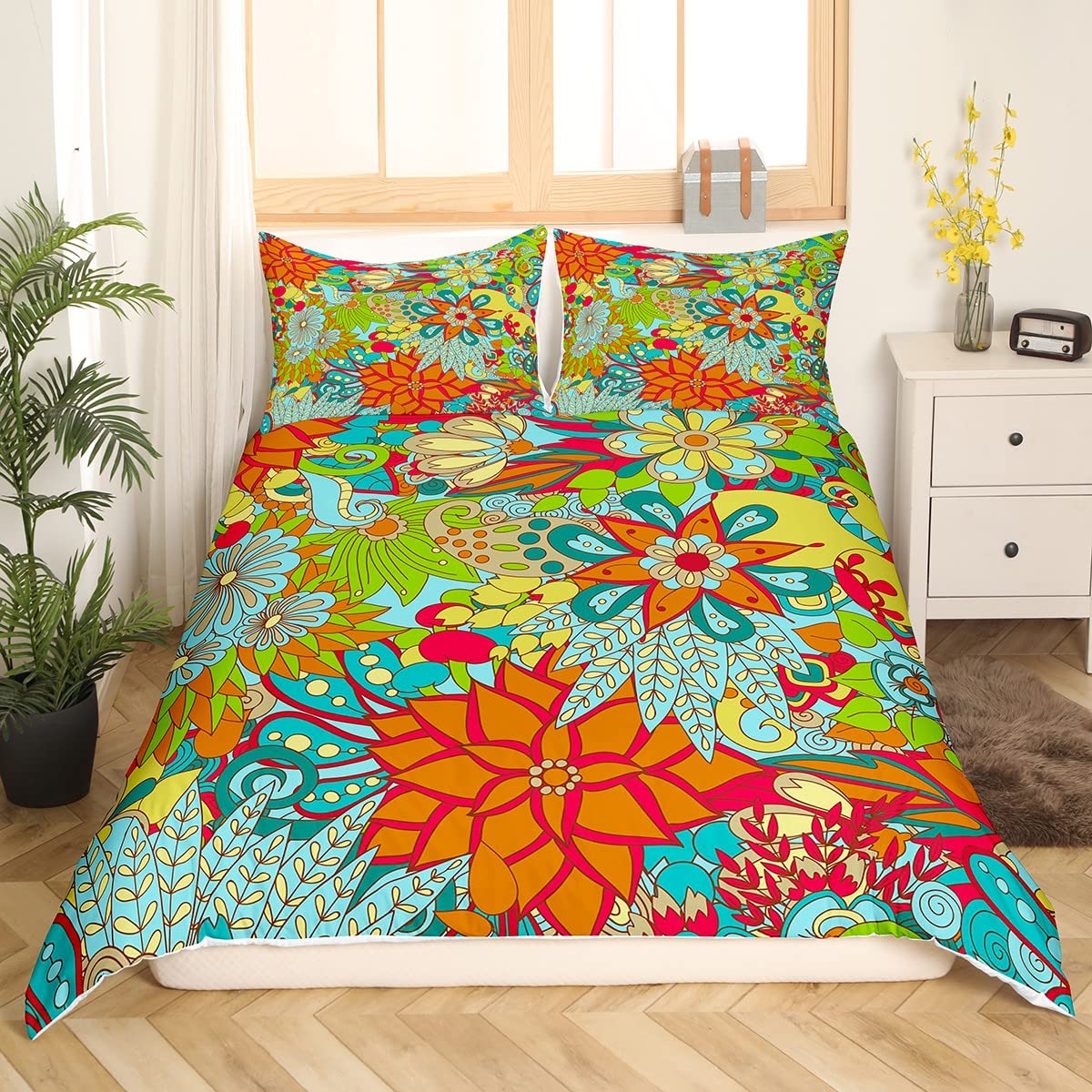 Vintage 70s Bohemian Duvet Cover King Size - Retro Psychedelic Floral Bedding for Hippie & Boho Decor | Perfect for Bedroom, Dorm, or Festival Glamping