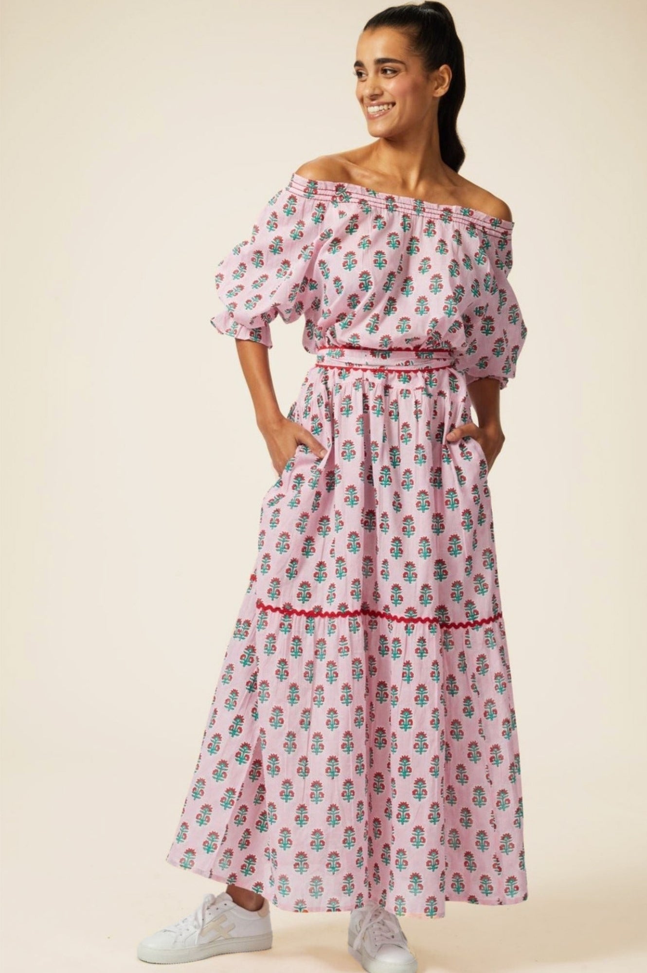 Violet Block Print Dress with Sunflower Buti Pink Design | Floral Summer Dress for Women | Perfect for Beach Vacations, Parties & Casual Outings