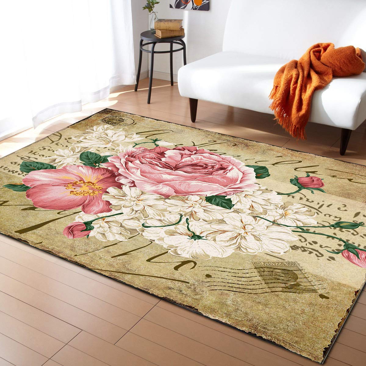 Vintage Stamp Style 5'x8' Non-Slip Area Rug - Pink White Floral Leaves Design Washable Accent Carpet for Living Room Bedroom Kitchen Front Porch Bath Runner | Home Decor Floor Mat Indoor Outdoor Use