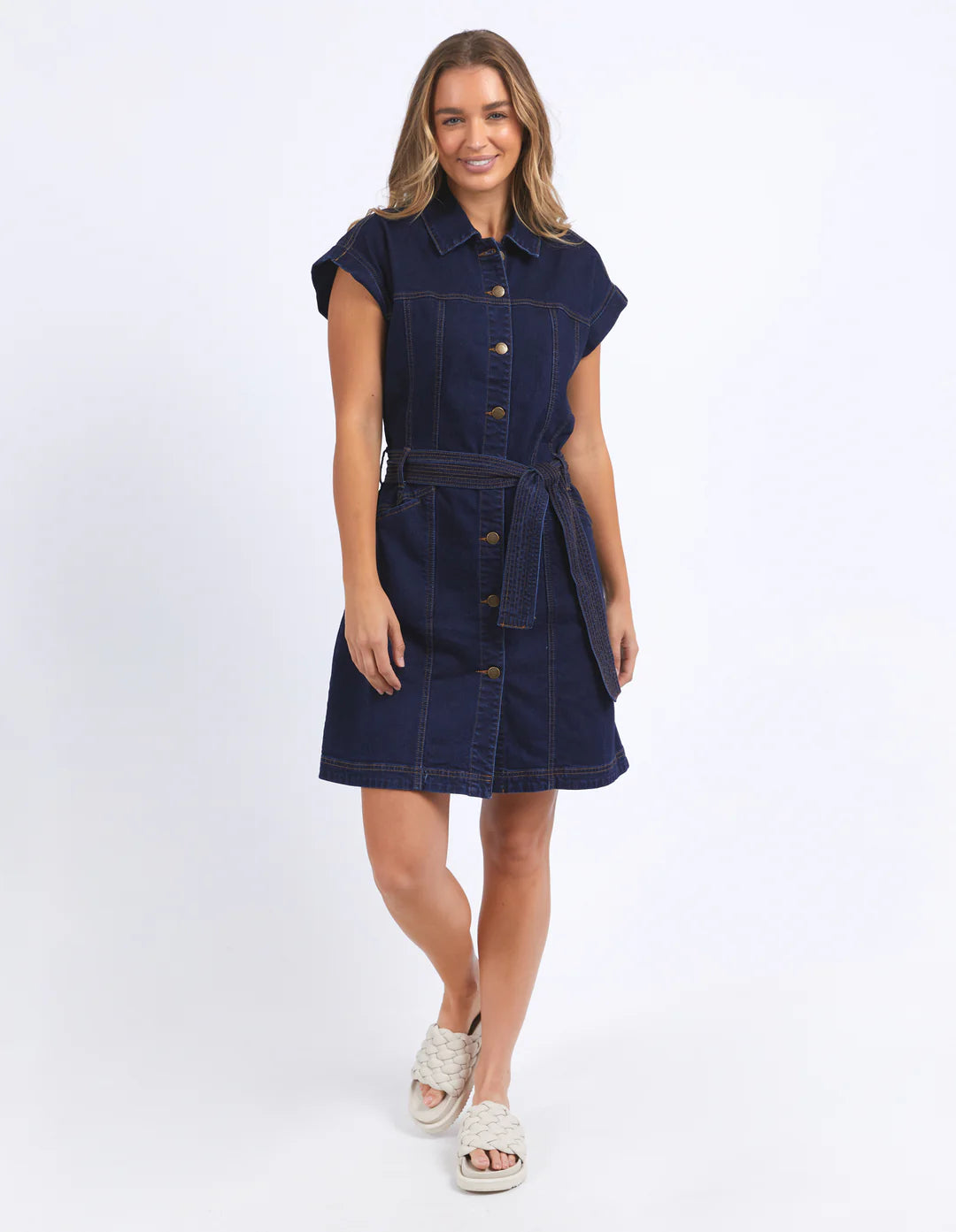 Heidi Dark Blue Denim Short Sleeve Mini Dress with Front Buttons - Casual Summer Outfit for Beach, Party & Date Night