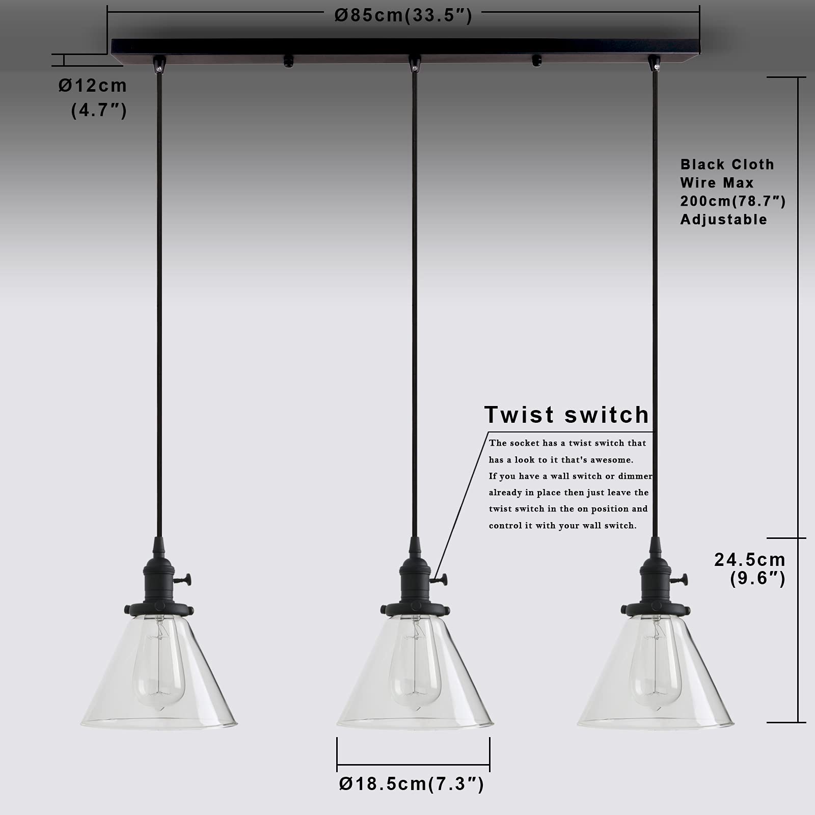 Vintage Rustic Industrial 3-Light Kitchen Island Chandelier - Triple Head Pendant Ceiling Light with Clear Glass Shades - Perfect for Farmhouse, Loft & Industrial Style Dining Rooms (Black)