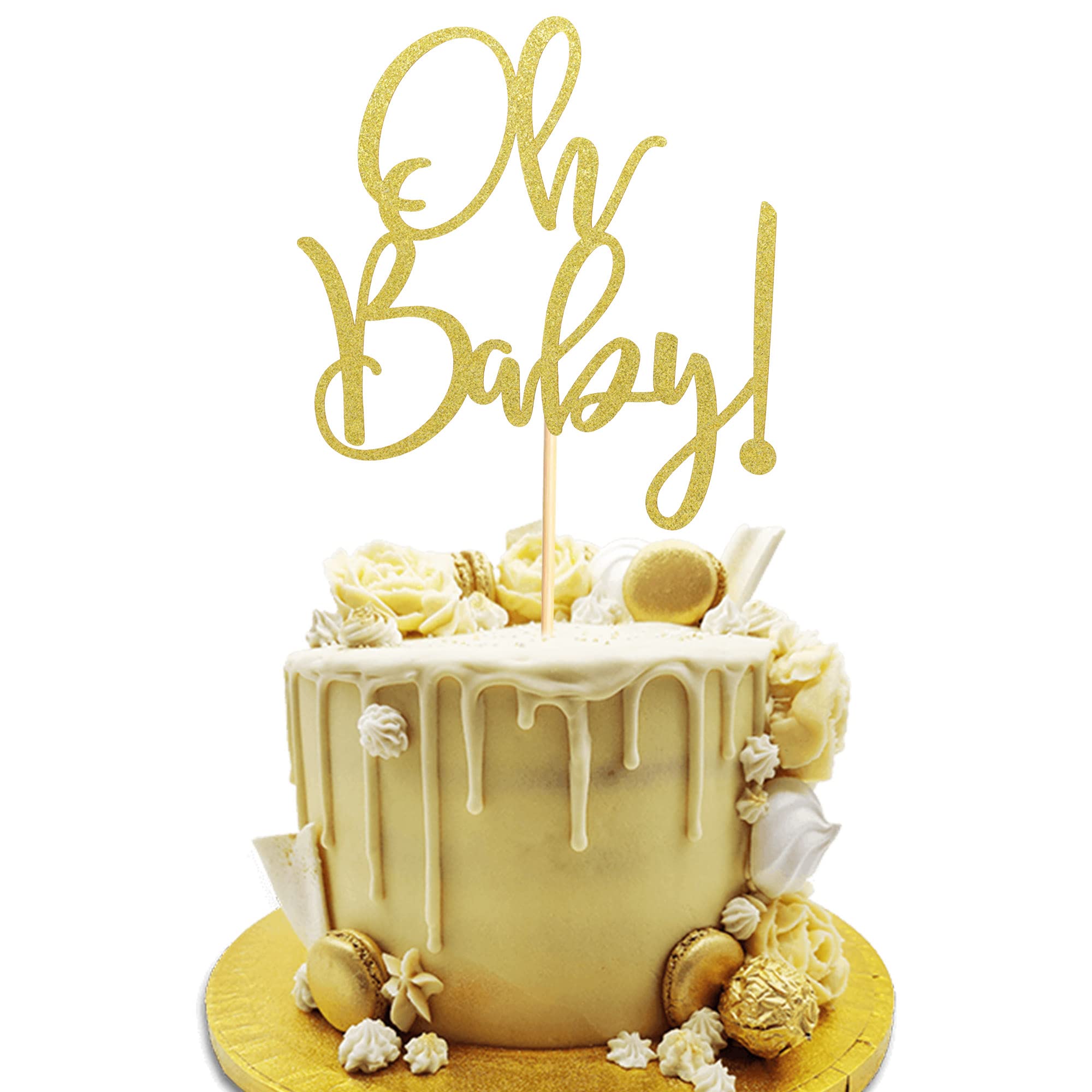 Oh Baby Cake Toppers - Gold Glitter Baby Shower Cake Picks for Celebrating Baby Showers & Kids Birthday Parties - Perfect for Baby Shower Decorations, Gender Reveals & 1st Birthday Cakes