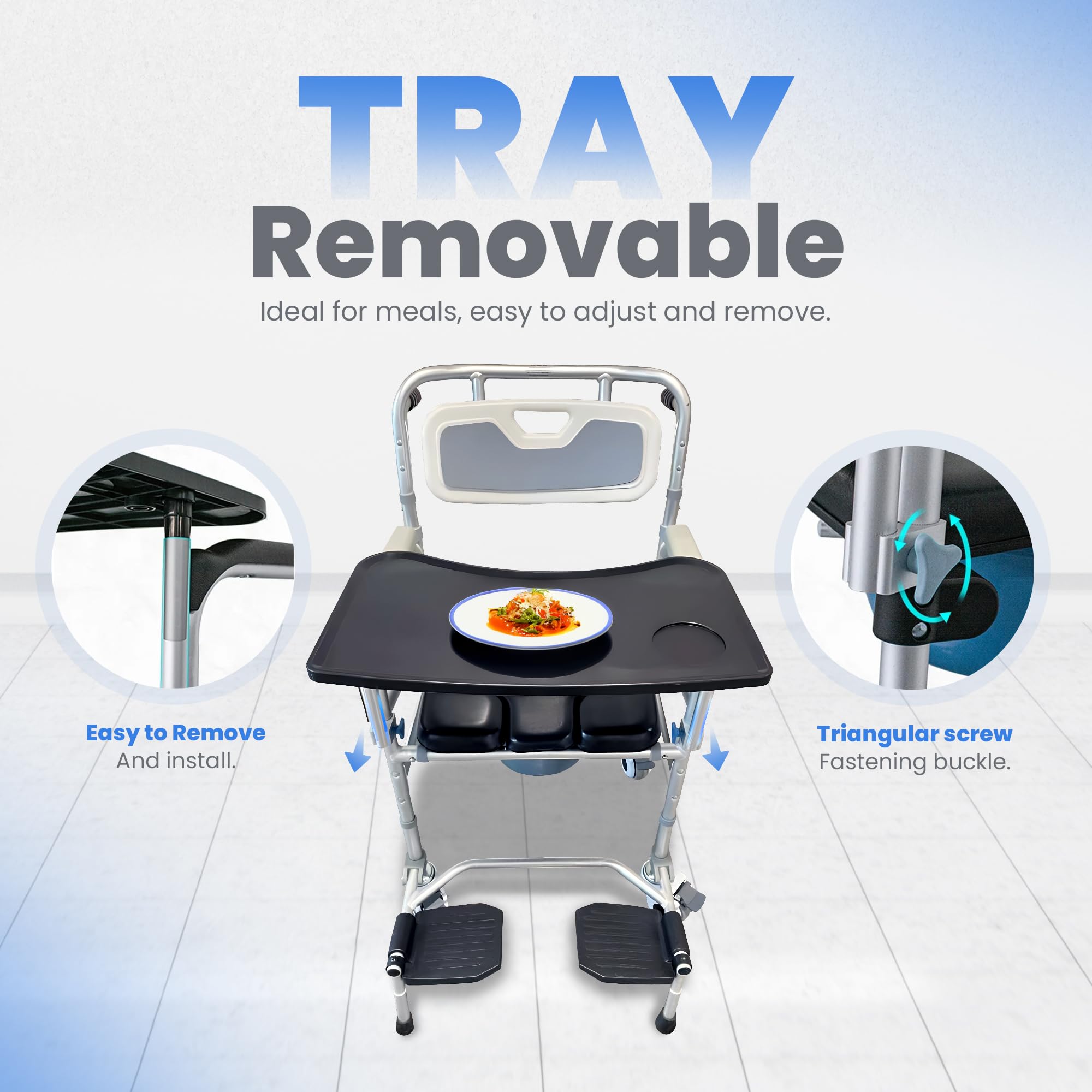 3-in-1 Wheeled Shower Commode Chair with Arms & Removable Tray - Adjustable Height Bathroom Safety Seat for Elderly & Disabled Adults - Ideal for Toilet, Shower & Mobility Assistance - Durable Medical Commode Wheelchair (Silla de Ruedas para Adultos)