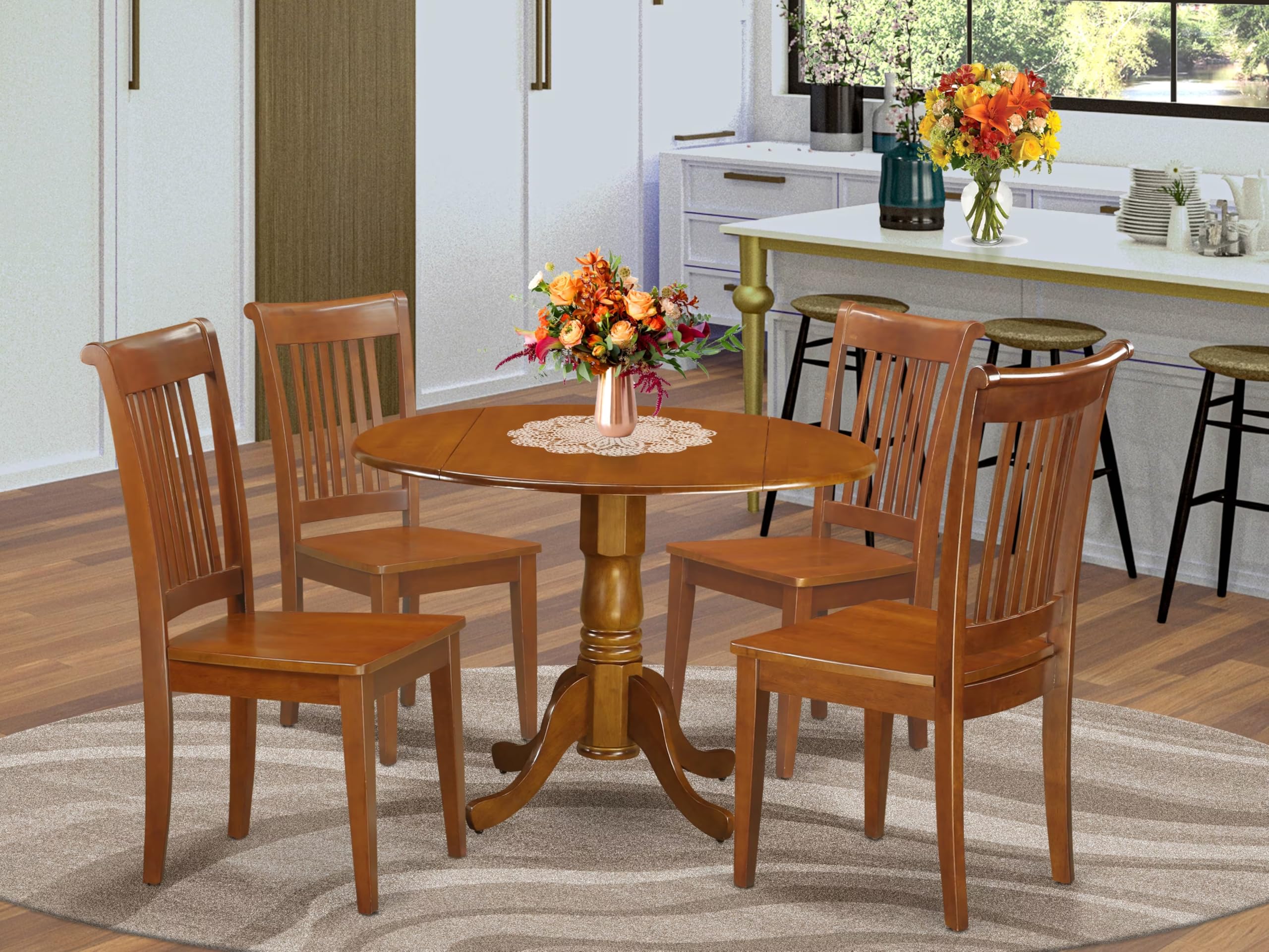 East West Furniture DLPO5-SBR-W 5-Piece Round Kitchen Dining Set with Drop-Leaf Table & 4 Chairs, 42x42 Inch, Saddle Brown - Perfect for Small Spaces, Breakfast Nooks & Cozy Family Meals