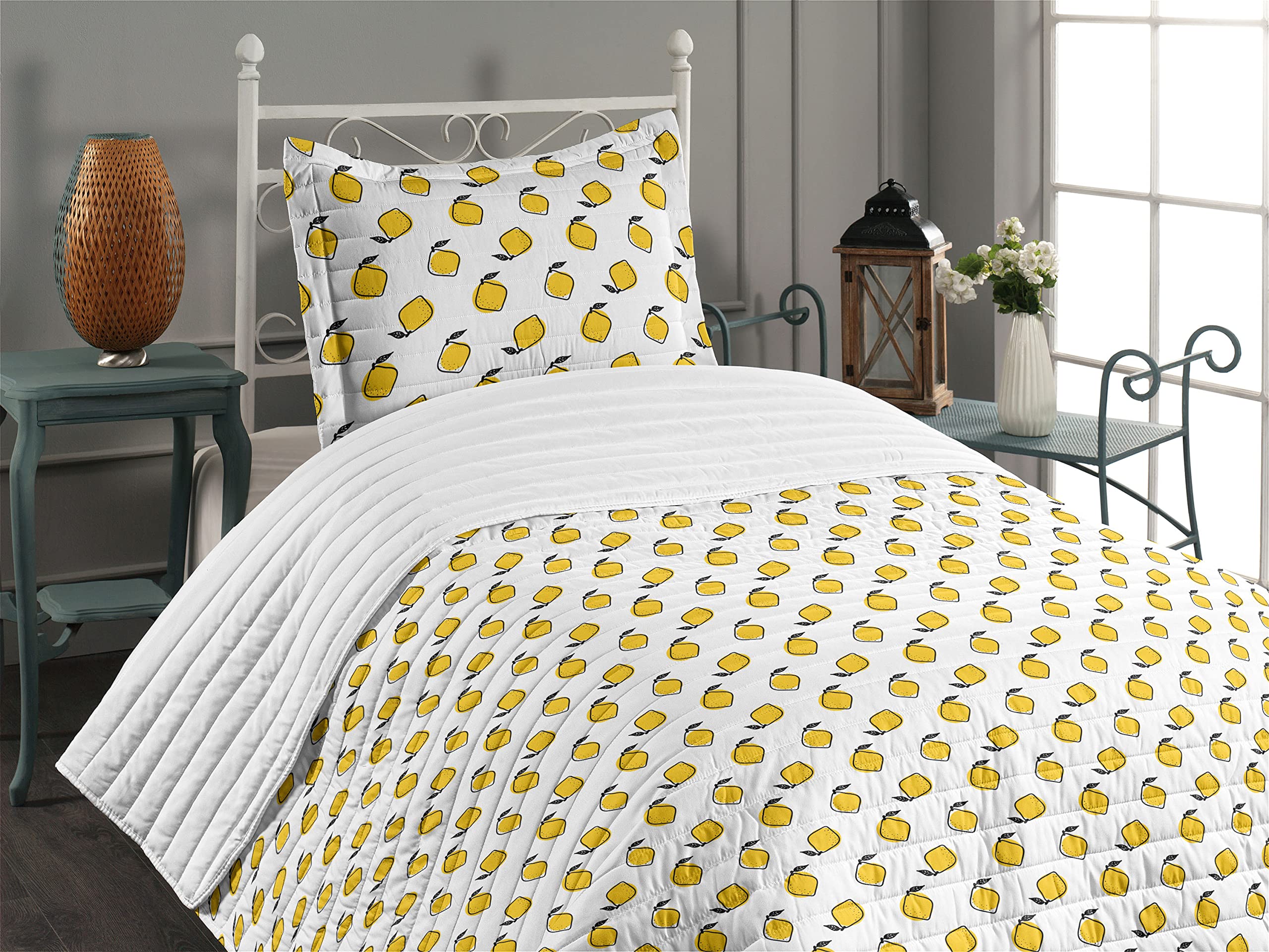 Ambesonne Yellow and White Microfiber Bedspread Set - Doodle Style Lemons with Leaves and Dots Fresh Juicy Fruit Pattern - Soft Twin Size Bedding Set with Pillow Sham & Comforter - Perfect for Summer Bedroom Decor, Kids Room, and Guest Room