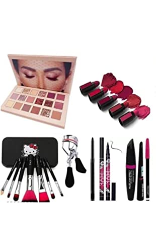 SEINON'S 18-Shade Nude Eyeshadow Palette with 7-Piece Makeup Brush Set, 36H Eyeliner, Kajal, Eyelash Curler, 3-in-1 Liner, Mascara, Eyebrow Pencil & Mini Red Lipstick – Perfect for Everyday Makeup, Party Looks & Professional Beauty Kits