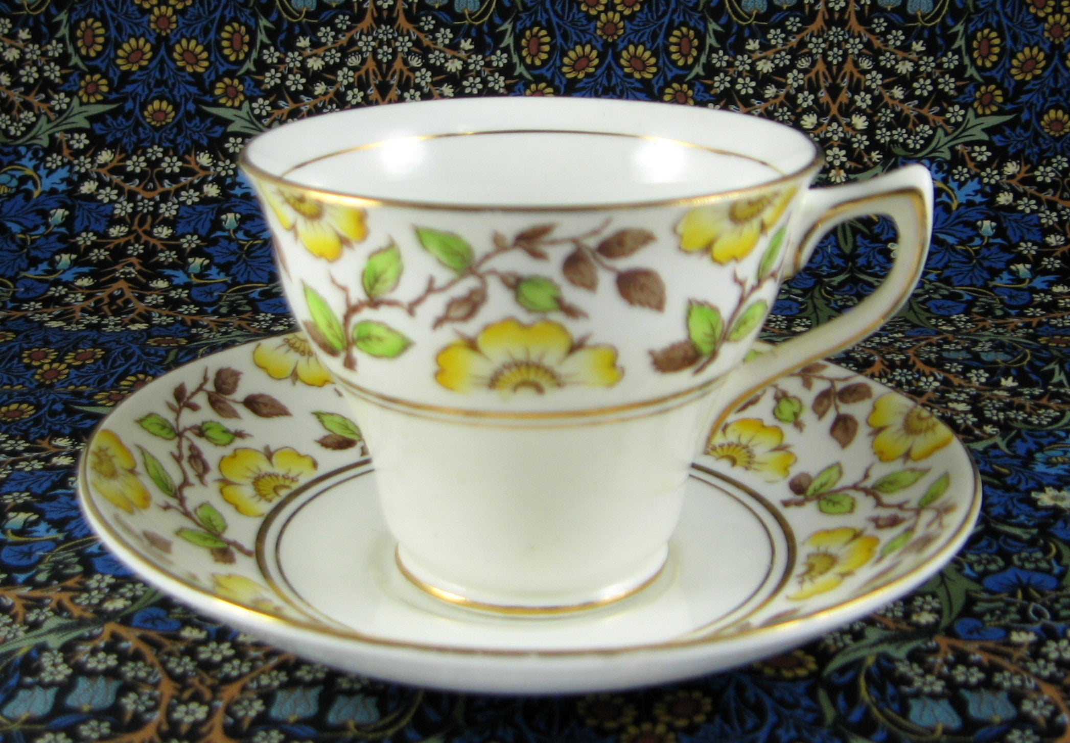 Vintage Rosina England Hand-Painted Floral Tea Cup and Saucer Set - Yellow Dog Roses Brown Transferware for Afternoon Tea, Collectible English Bone China