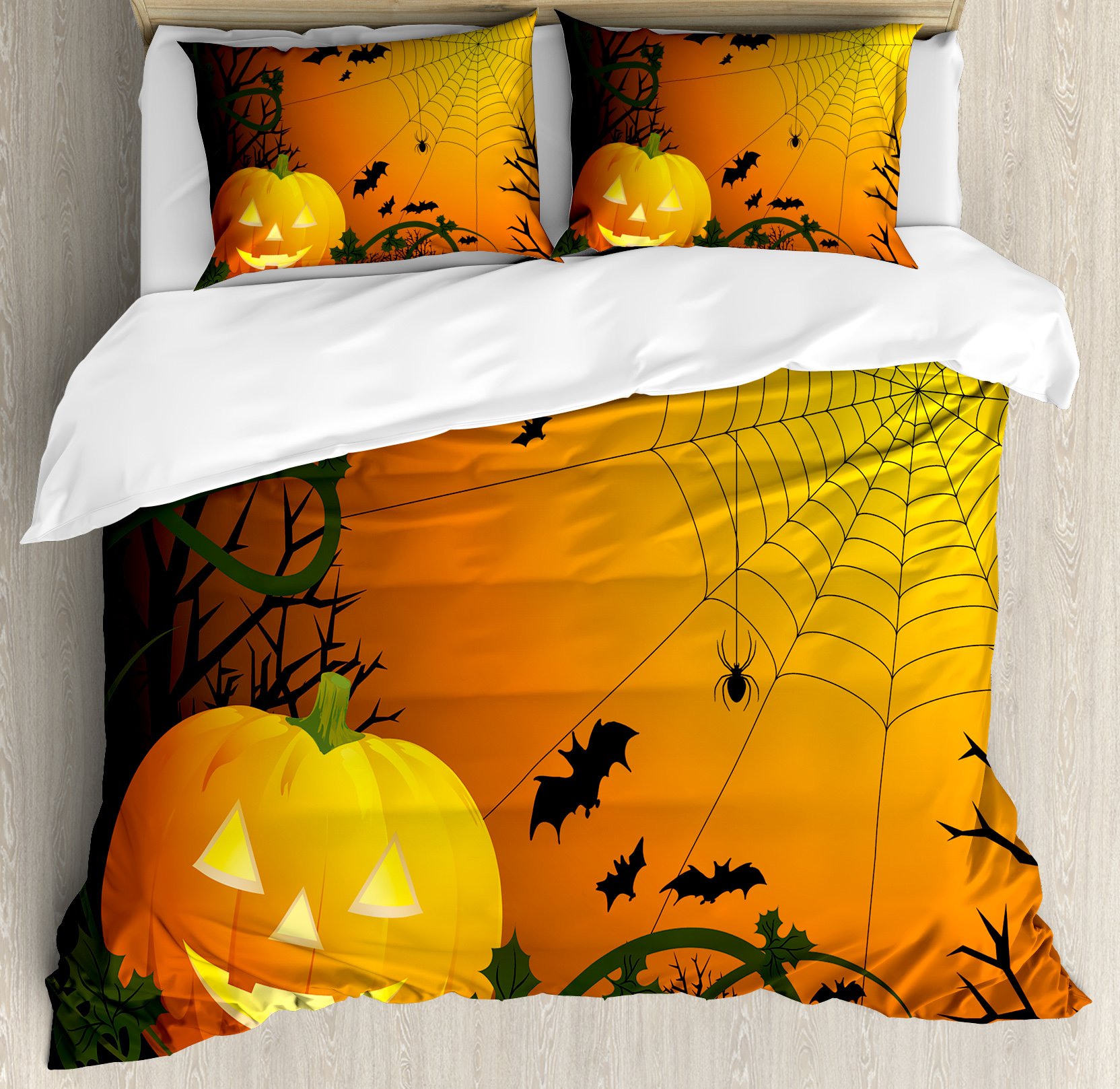 Ambesonne Halloween Duvet Cover Set - Spooky Pumpkin Leaf Tree & Bat Design, 3-Piece King Size Bedding Set with 2 Pillow Shams in Dark Green, Orange & Black | Perfect for Halloween Decor, Fall Bedroom Makeover & Themed Guest Rooms