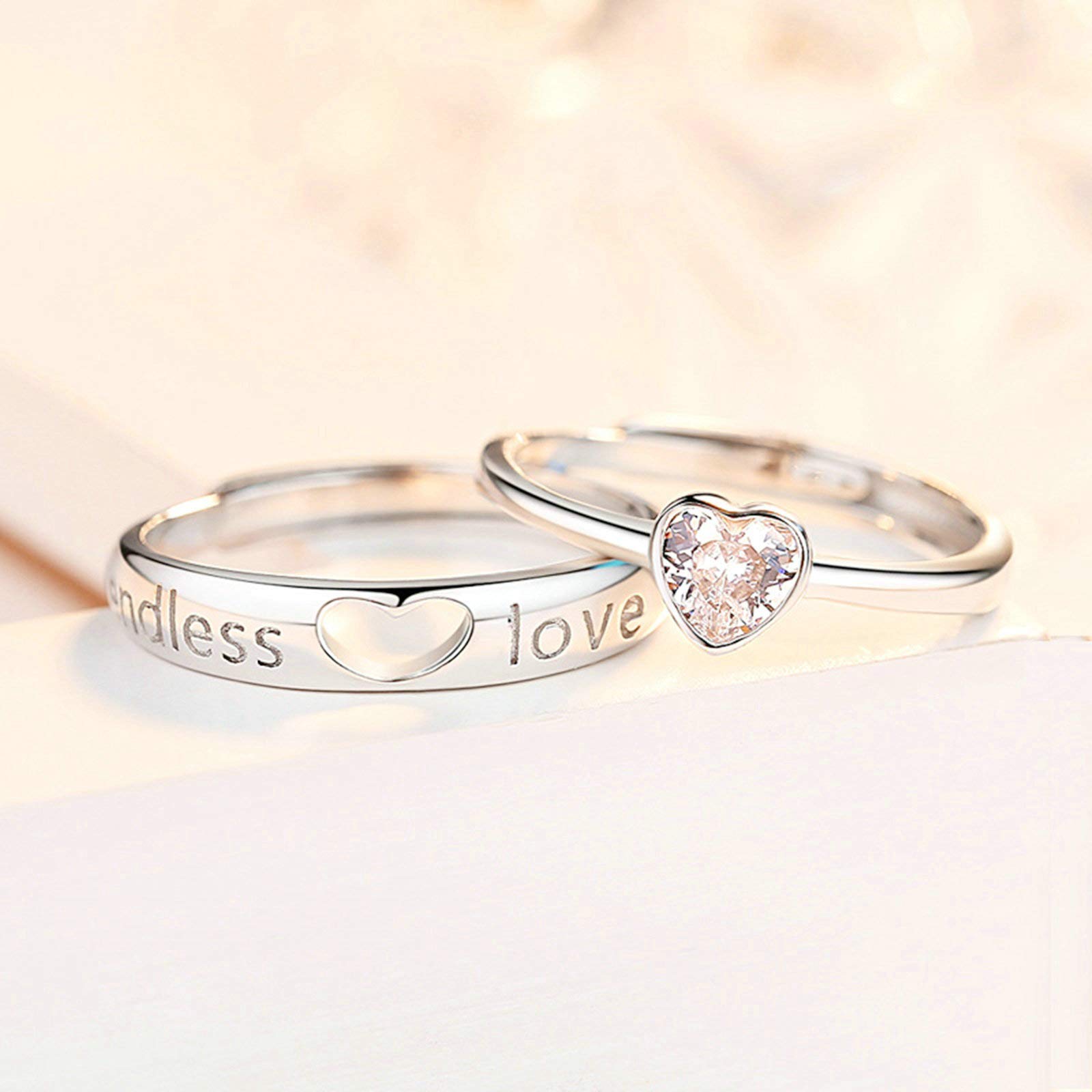 Gualiy Sterling Silver Couple Rings - Endless Love Matching Heart Cubic Zirconia Wedding Band & Engagement Ring Set for Him & Her | Perfect for Anniversaries, Proposals, and Romantic Gifts