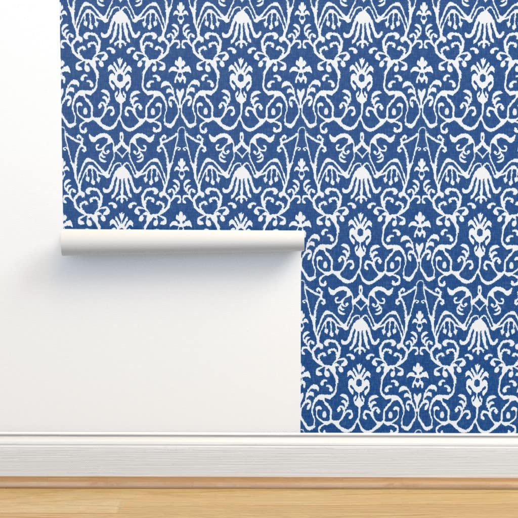 Premium Commercial Grade Wallpaper - 27ft x 2ft Ikat Navy Damask Floral Blue Traditional Peel & Stick Wallpaper for Living Room, Bedroom, Dining Room Decor by Spoonflower