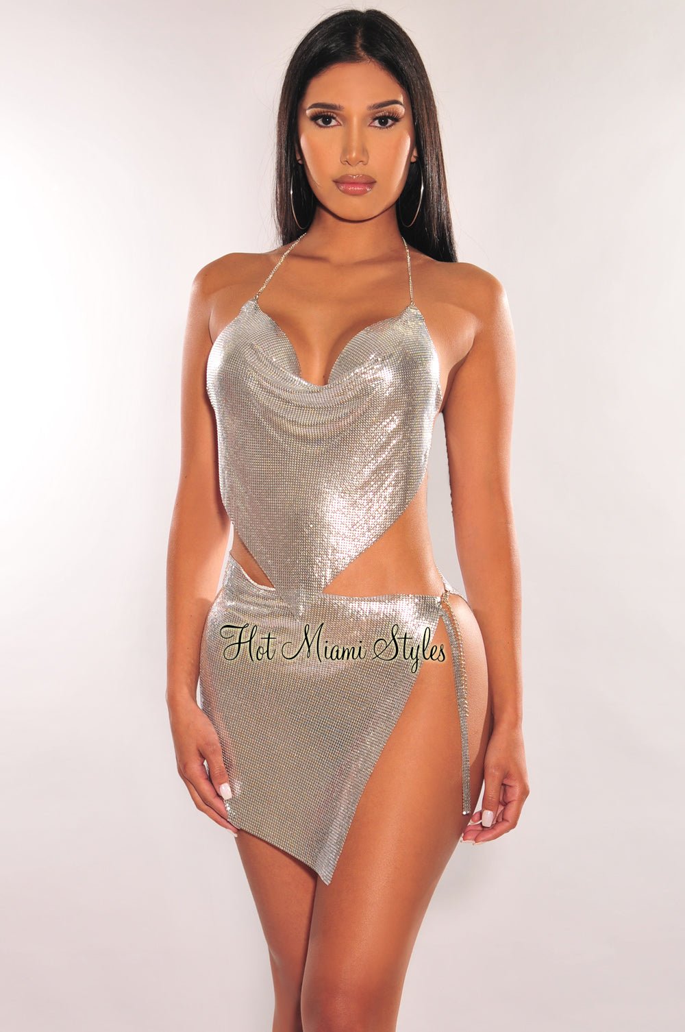 Silver Metallic Chainmail Slit Mini Skirt for Women - Sexy Clubwear, Party Outfit, Nightclub Fashion - Perfect for Concerts, Halloween & Cosplay