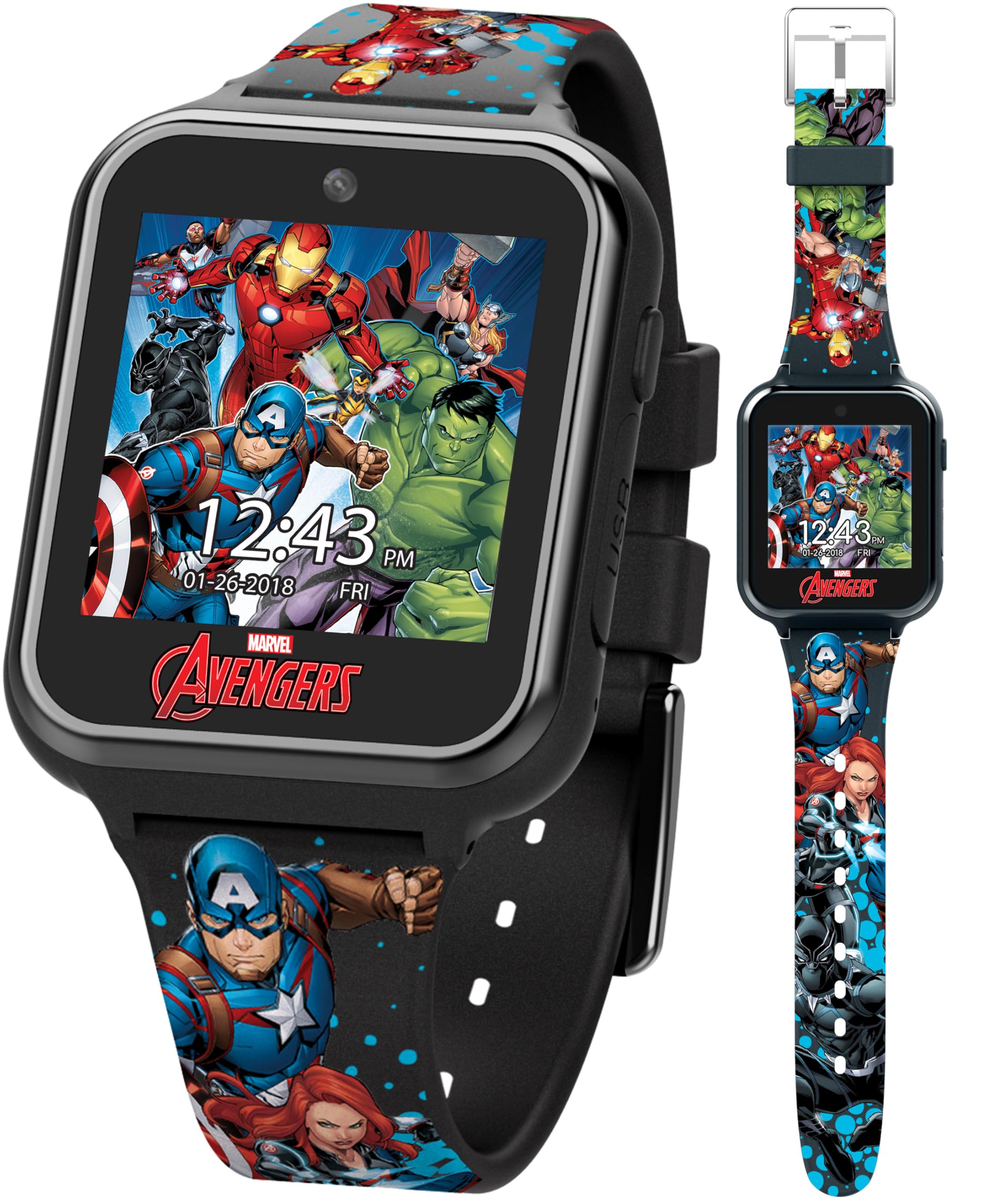 Marvel Avengers Kids Smartwatch with Touchscreen, Games, Camera & Fitness Tracker – 10 Watch Faces, USB Rechargeable – Step Counter, Alarm, Timer – Fits 5.5