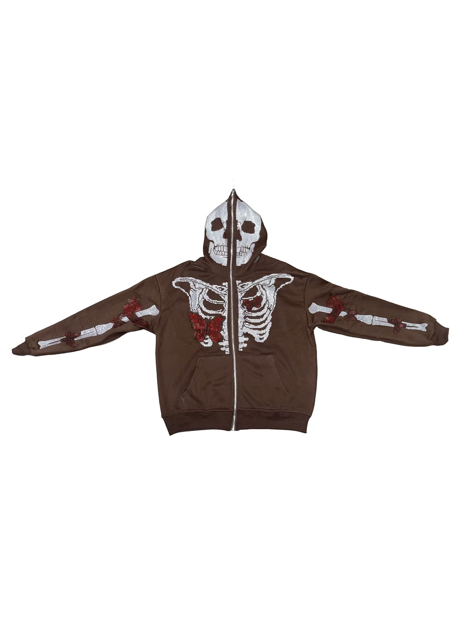 Y2K Oversized Women's Skeleton Hoodie with Rhinestone Details - Full Zip Up Skull Graphic Sweatshirt Jacket (Brown, Small) | Perfect for Halloween Costumes, Streetwear Fashion & Gothic Style Outfits