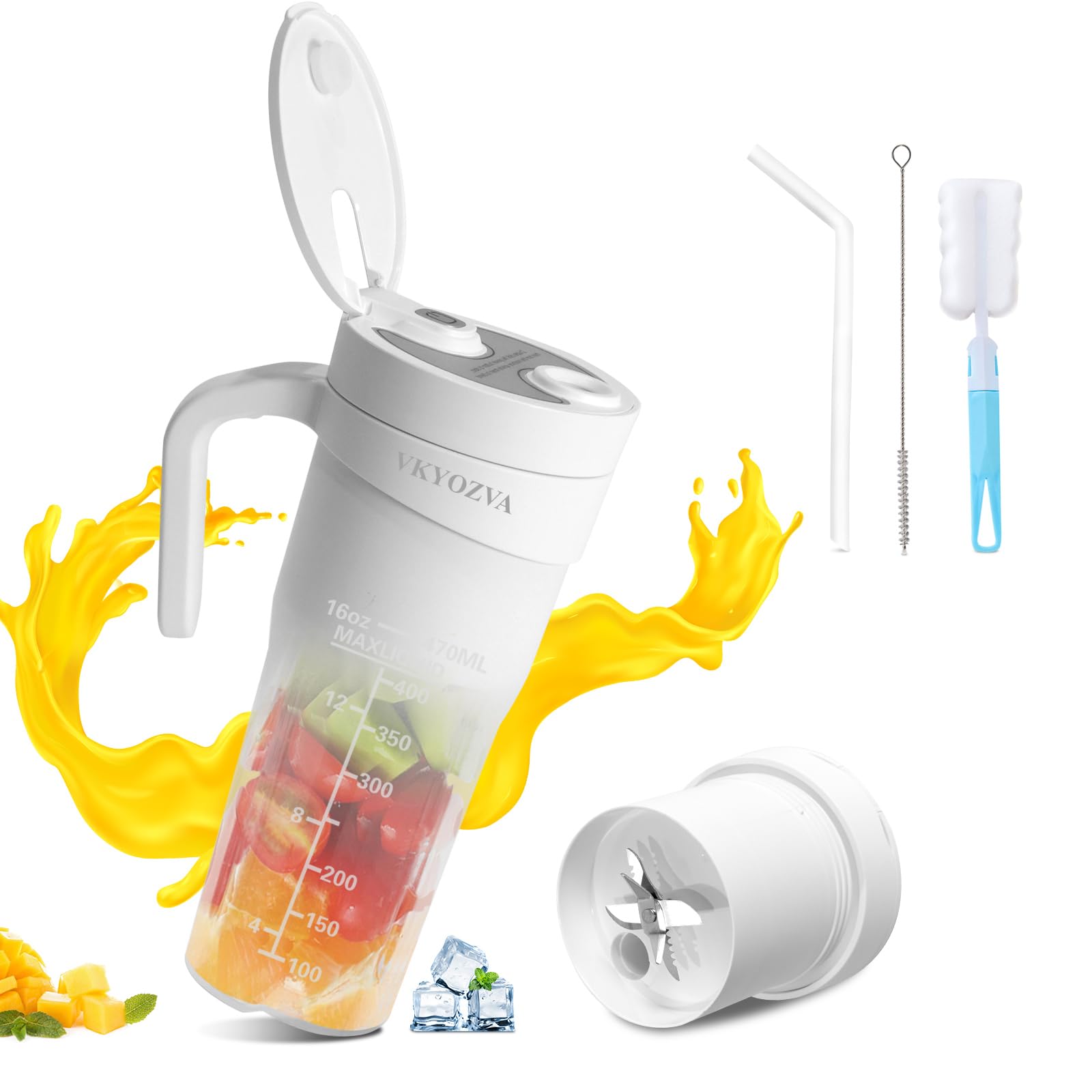 Portable Blender Cordless - 16 Oz USB-C Rechargeable Personal Blender for Smoothies, Shakes & Juices | BPA Free Travel Blender | Perfect for Gym, Office, Camping & On-The-Go (White)