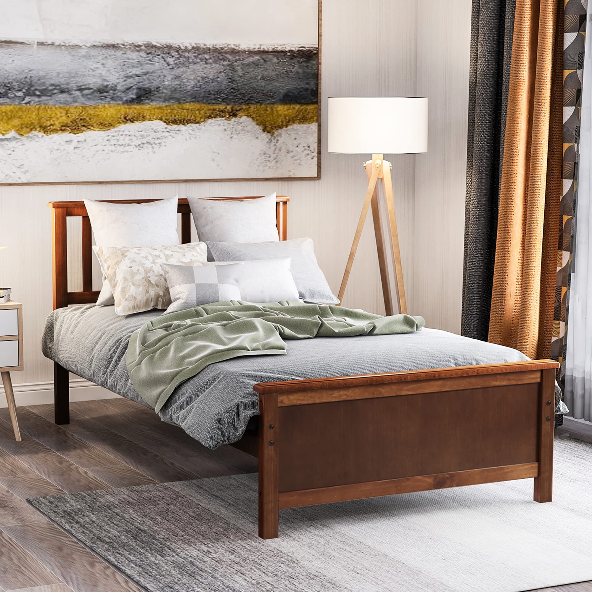 Harper & Bright Designs Solid Wood Twin Bed Frame with Headboard & Footboard - Walnut Finish, No Box Spring Needed - Perfect for Kids' Rooms, Guest Rooms & Small Spaces