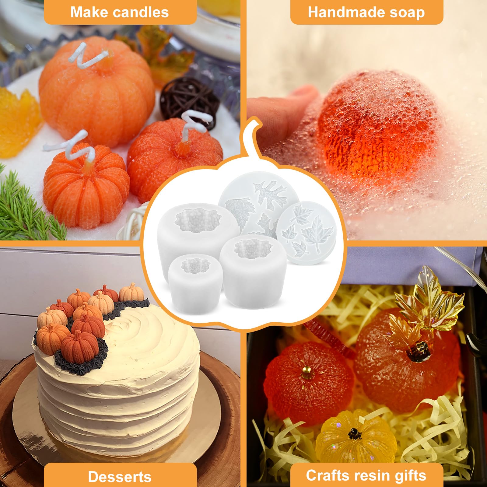 (5Pcs) 3D Pumpkin Silicone Molds with Maple Leaf - Halloween Candle Making Kit for DIY Epoxy Resin, Soap & Home Decor - Perfect for Fall Thanksgiving Crafts, Party Favors & Seasonal Centerpieces