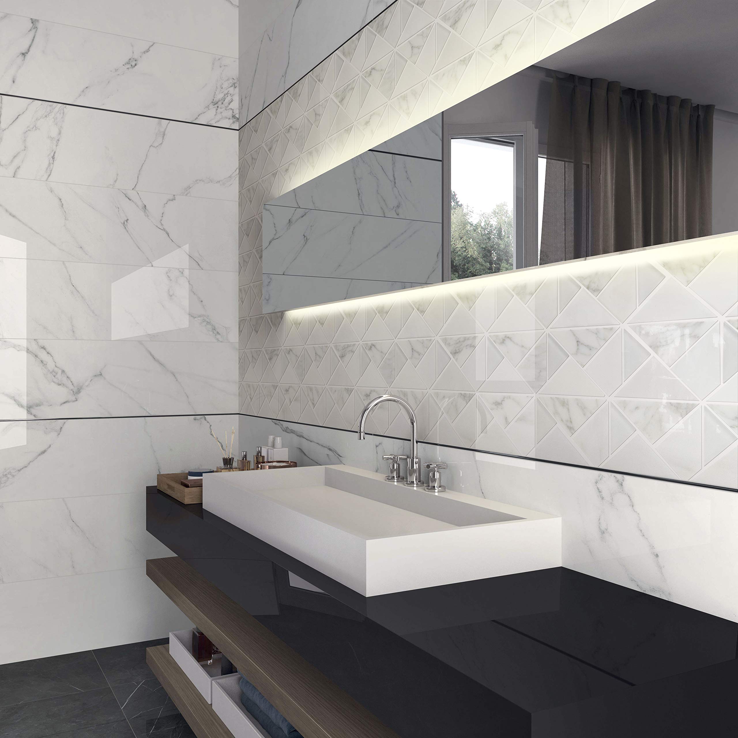 TMOPG-01 White Carrara Marble Mosaic Tile - 10 Sheets Triangle Square Pattern - Waterproof Peel & Stick Backsplash for Kitchen, Bathroom, Shower Wall - Natural Stone Wall Tile for Home Decor