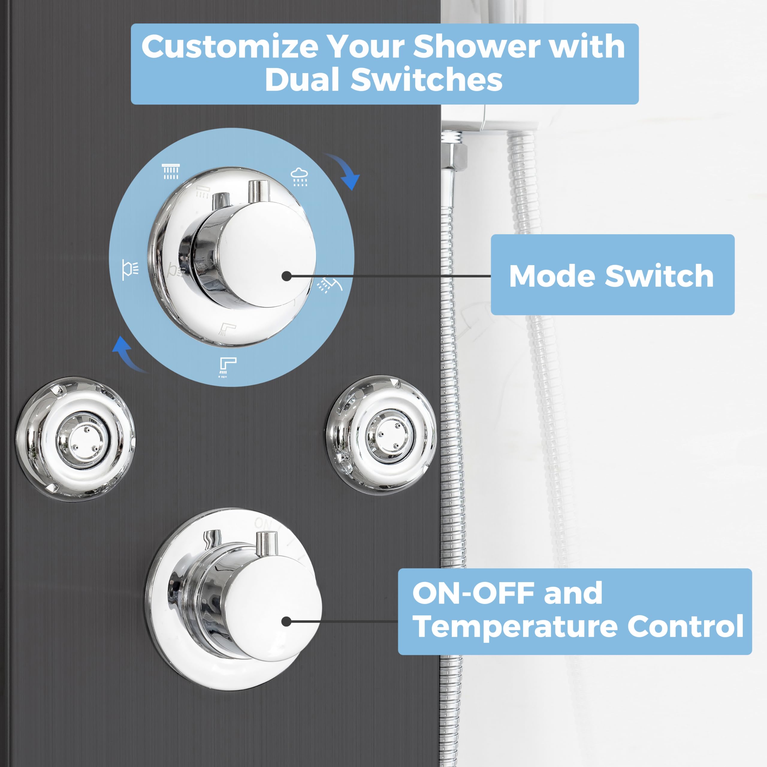 DELAVIN Stainless Steel Shower Panel Tower System - 5-Function Full Body Shower with Rainfall, Waterfall, Massage Jets, Tub Spout & Handheld Showerhead in Brushed Black | Perfect for Luxury Bathroom Renovation, Spa-Like Experience & Modern Home Upgrades