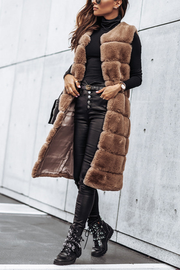Solid Color Fur Round Neck Sleeveless Midi Vest Jacket for Women - Cozy Winter Fashion Outerwear for Casual Outings & Office Wear