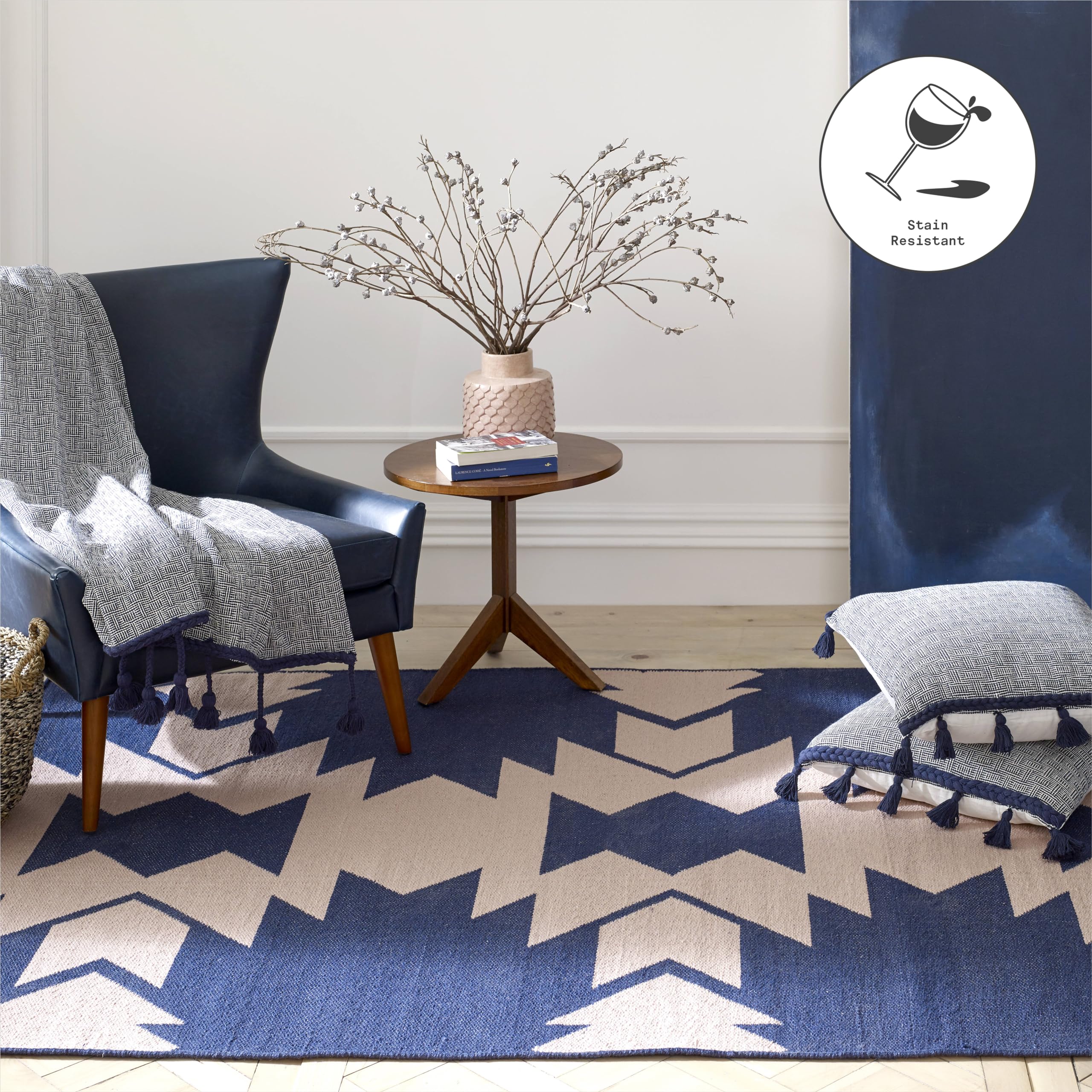 Fab Habitat Machine Washable Area Rug - Hand Woven, Stain & Pet Friendly, Reversible - Premium Recycled Polyester Yarn - Aztec Kilim Design - Navy/Blush - 4x6 ft - Perfect for Bedroom & Living Room Decor - Soft & Durable Floor Covering for Home, Office or Apartment