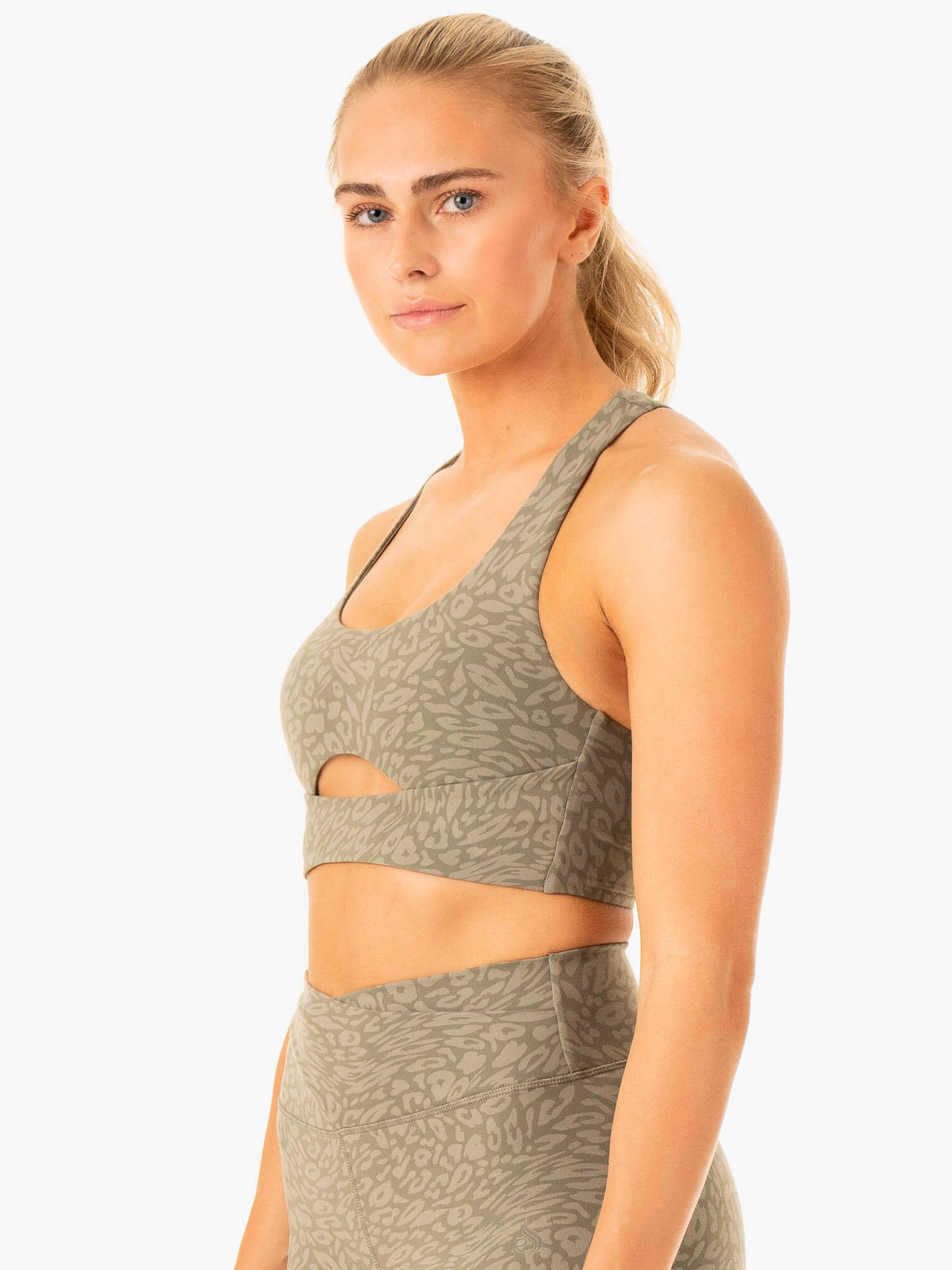 High-Quality Rotation Sports Bra - Khaki Leopard Print for Women | Perfect for Yoga, Running & Gym Workouts