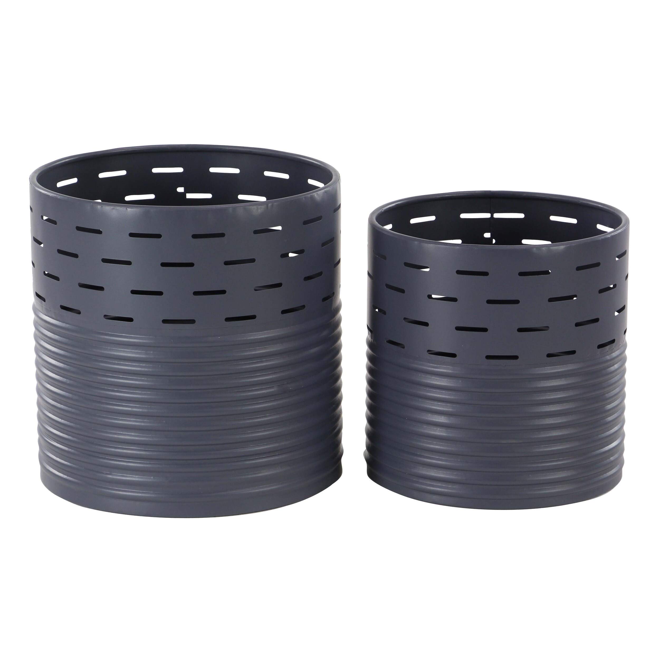 Set of 2 Modern Black Cylindrical Pierced Iron Planters - Contemporary Blue Indoor/Outdoor Flower Pots for Home Decor, Patio & Garden