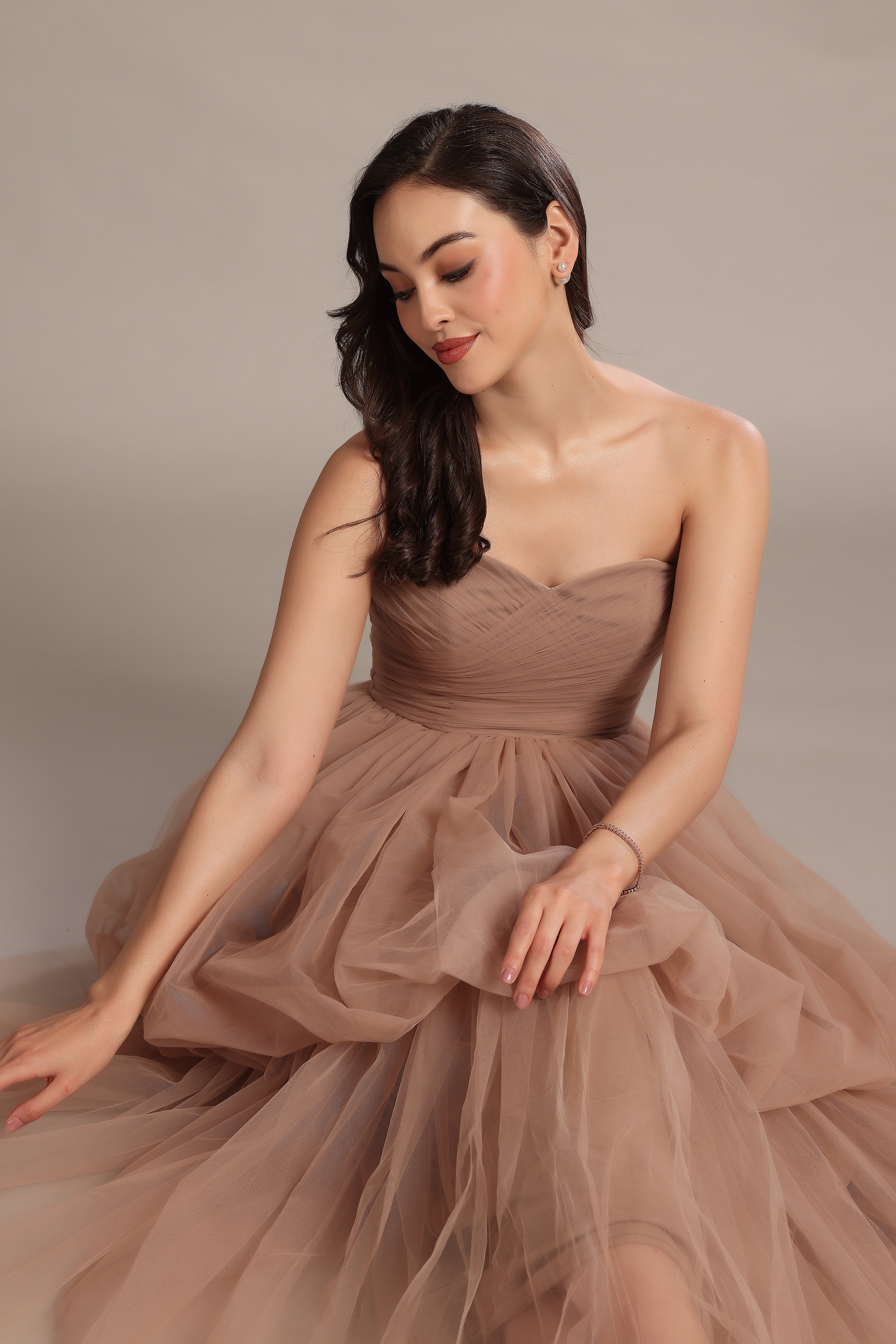 Elegant Nala Strapless Maxi Dress in Taupe - Flowy Beach Wedding Gown for Summer Vacations & Boho Parties