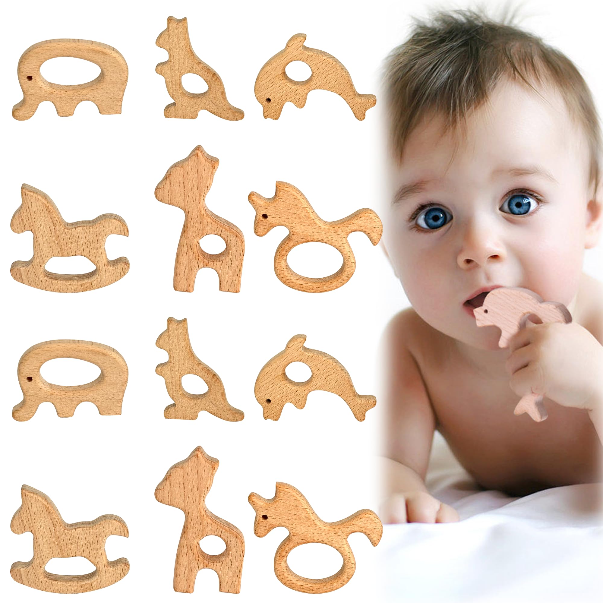 12-Pack Natural Wooden Teether Toys for Babies - Sensory Chew Toys for Teething Relief (Deer, Elephant, Seahorse, Dolphin, Kangaroo, Rocking Horse) | Safe & Non-Toxic Infant Teethers for Soothing Sore Gums - Perfect for Home, Travel & Daycare Use