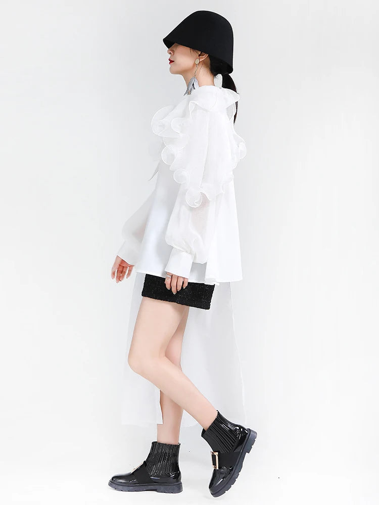 Asymmetrical Patchwork Lace Up Dress for Women - Irregular Collar Lantern Sleeve High Waist Elegant Summer Dress | Perfect for Date Night, Cocktail Parties & Special Occasions