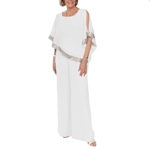 Lady White Chiffon Wedding Guest Pantsuit