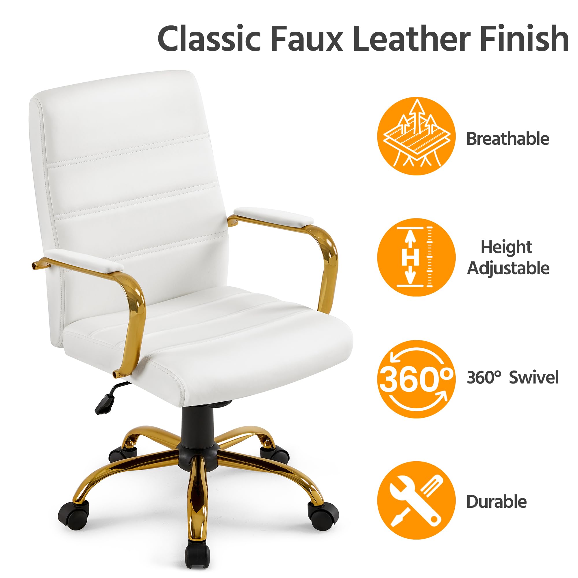Yaheetech Mid-Back Office Chair - PU Leather Executive Desk Chair with Adjustable Height & Lumbar Support - Gold Base & White Seat - Perfect for Home Office, Study & Workspace Ergonomics