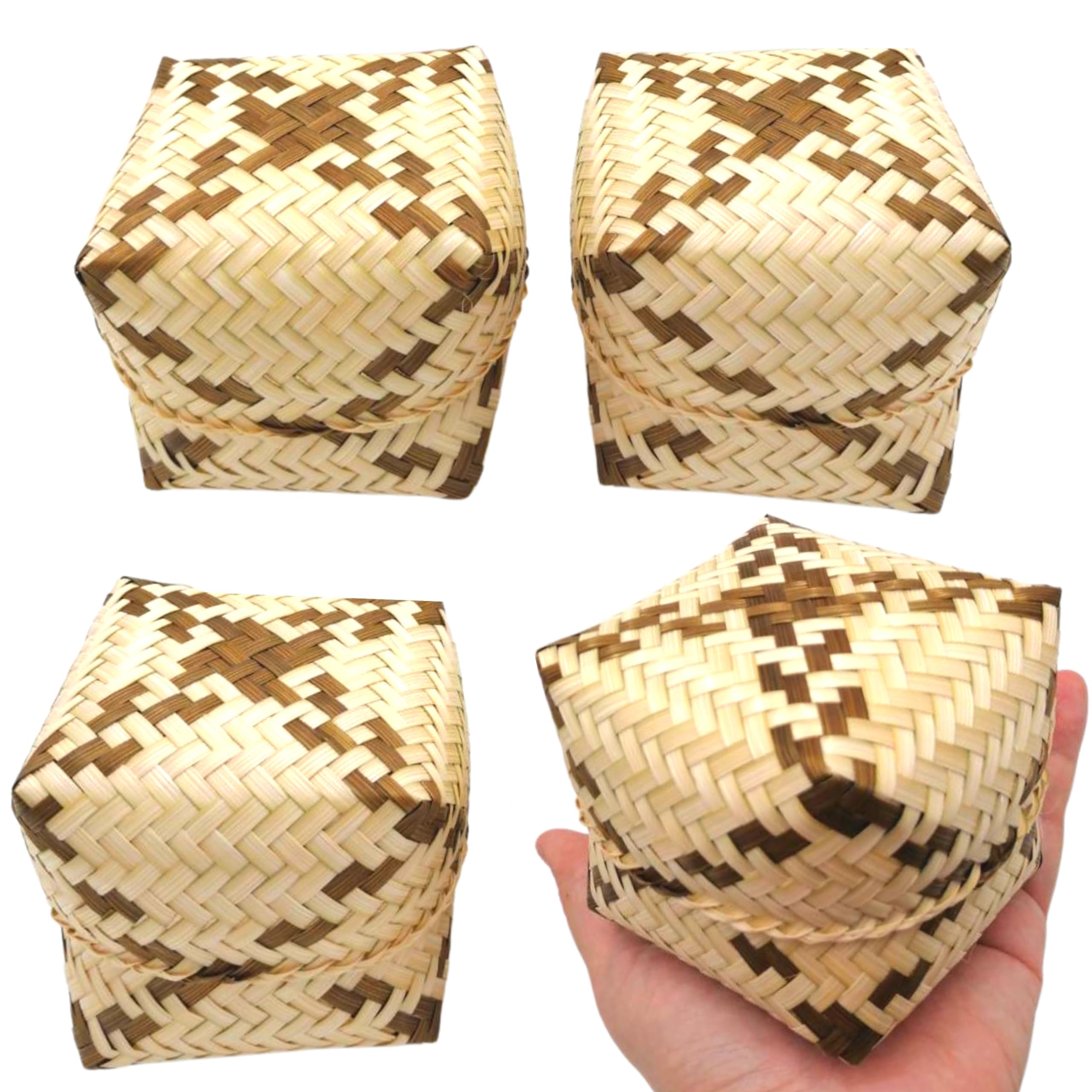Authentic Thai Handmade Kratip Bamboo Steamer Basket 3x3 Inches - Natural Bamboo Sticky Rice Container for Thai & Laos Cuisine - Perfect for Home Kitchen & Restaurant Use - Set of 4 Traditional Steaming Baskets for Sticky Rice, Desserts & Asian Cooking