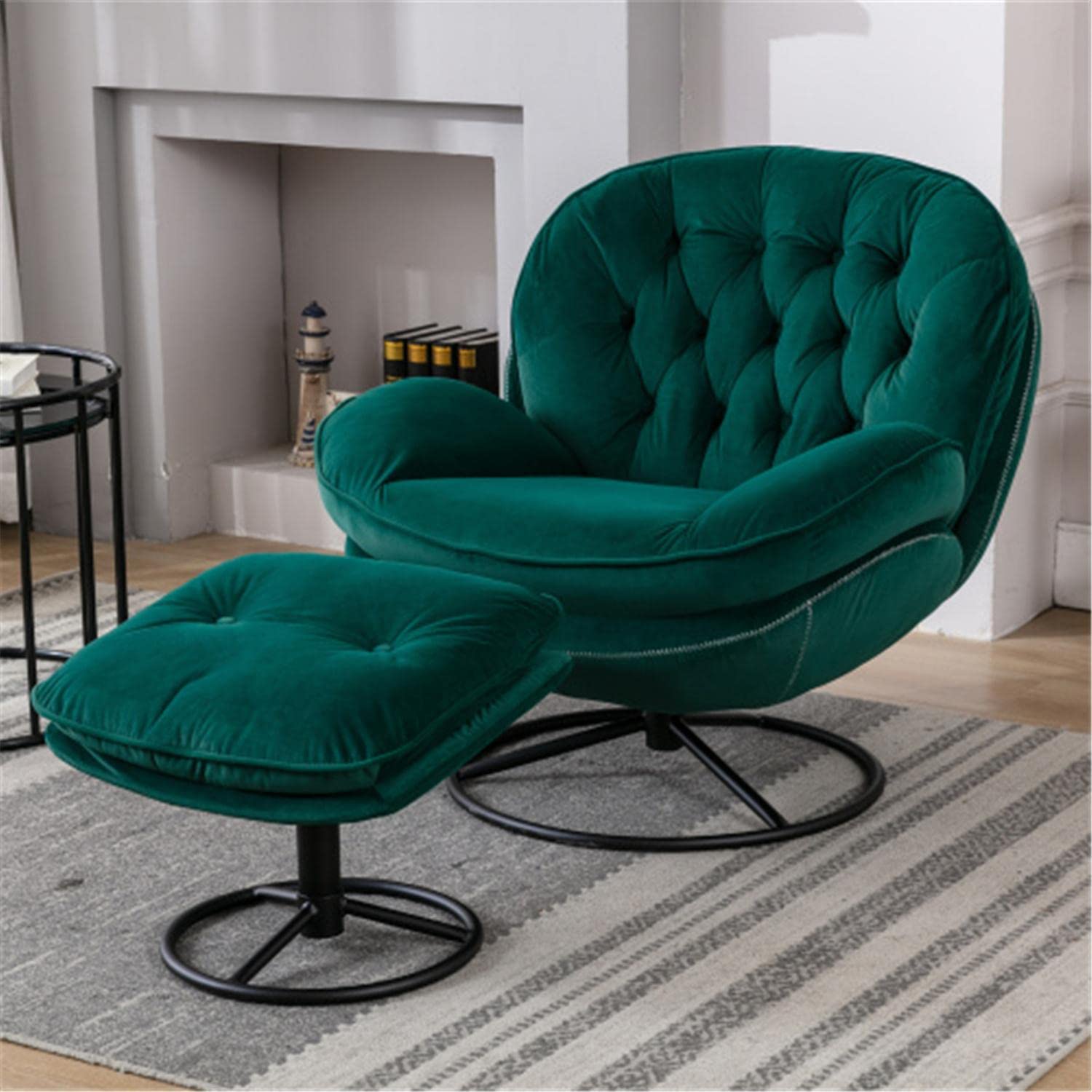Green Velvet Swivel Accent Chair with Ottoman - Button Tufted Upholstered Office Chair for Living Room, Bedroom & Home Decor