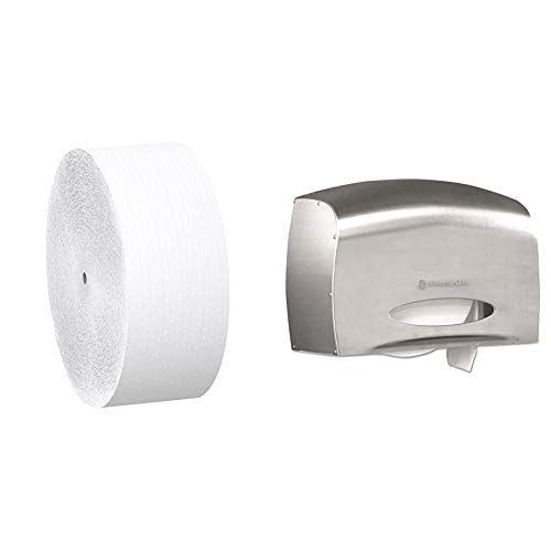 Scott Essential Jumbo Roll JR. Coreless Toilet Paper (07005) - 36 Rolls | Scott Pro Jumbo Roll Dispenser (09601) - Stainless Steel | Commercial & Home Bathroom Use | Bulk Toilet Paper for Offices, Restaurants & Households