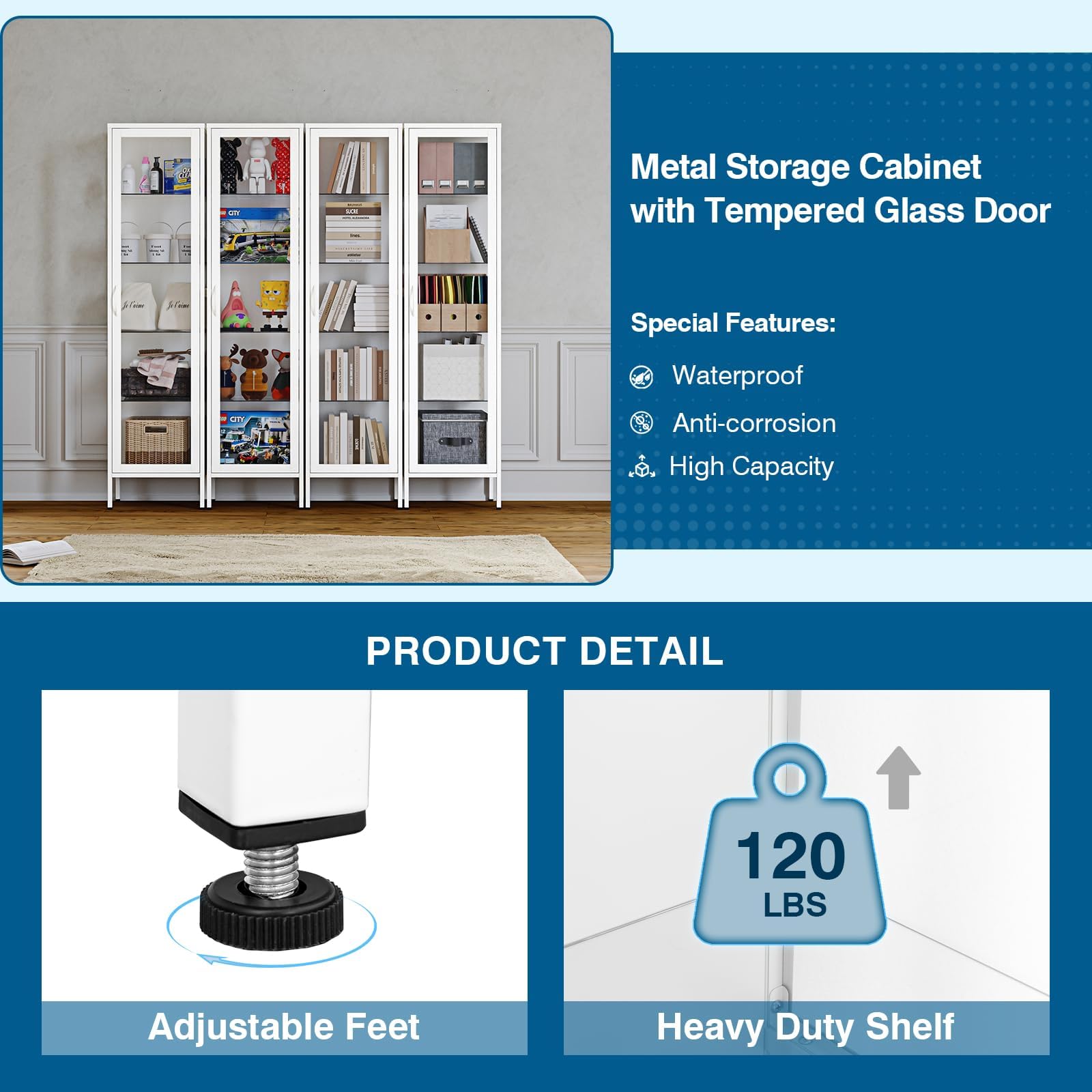 Glass Door Display Cabinet with 4 Adjustable Shelves - White Curio Cabinet for Home, Office, Clinic or Pantry Storage - Easy Assembly Required - Perfect for Showcasing Collectibles, China, or Retail Merchandise
