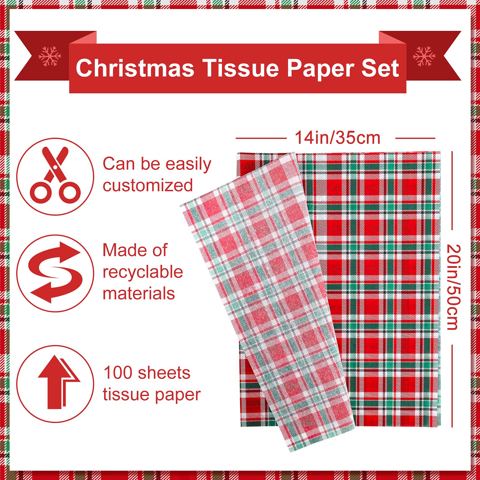 Whaline Christmas Tissue Paper - Buffalo Plaid Wrapping Paper in Red, Green & White - 100 Sheets for Gift Wrapping, DIY Crafts, Small Business Packaging, New Year Decor | Perfect for Holiday Presents, Party Favors & Rustic Art Projects