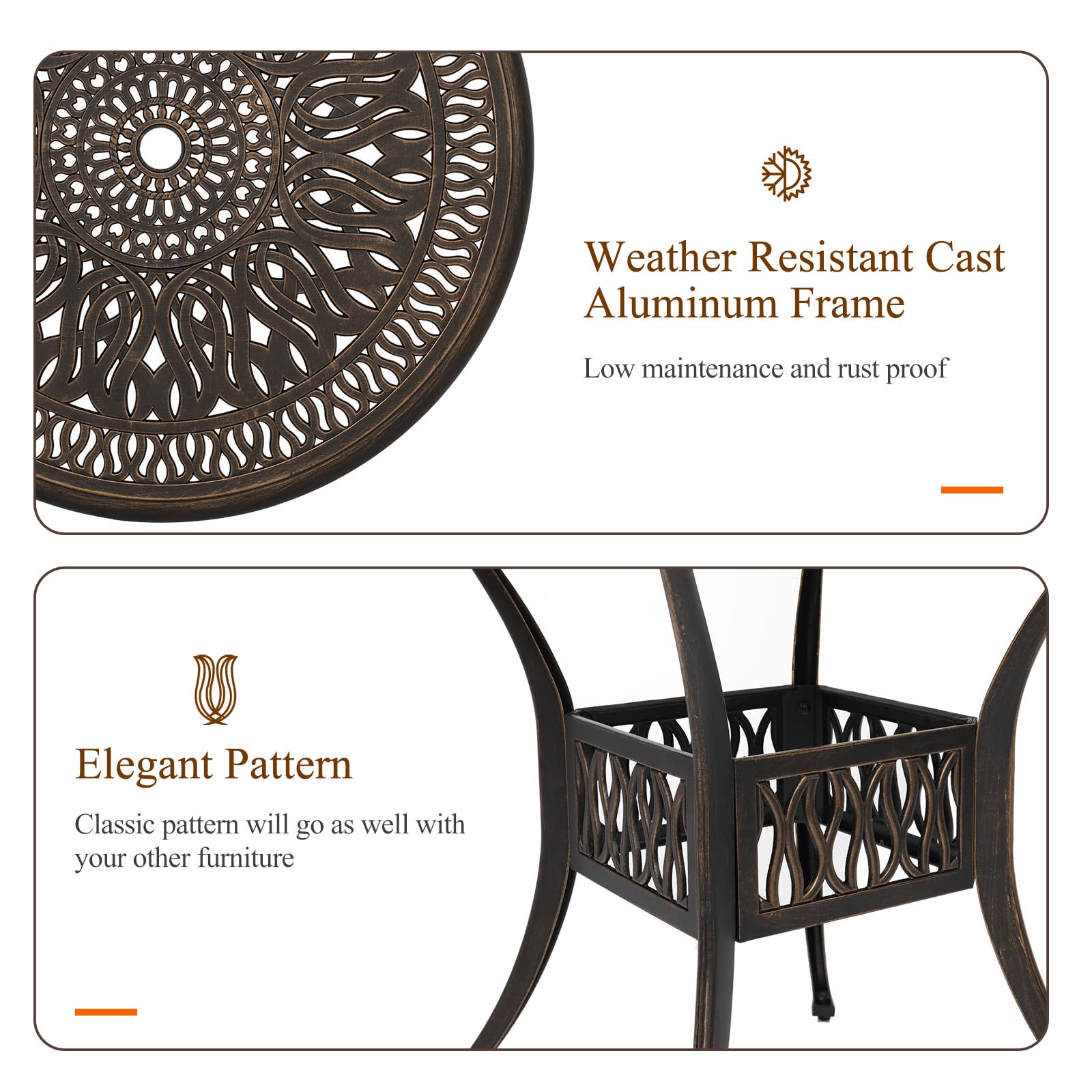 VINGLI 35.4 Inch Round Patio Dining Table with Umbrella Hole - Durable Cast Aluminum Outdoor Bistro Table for Garden, Backyard, Poolside - Weather-Resistant Outdoor Furniture (35.4