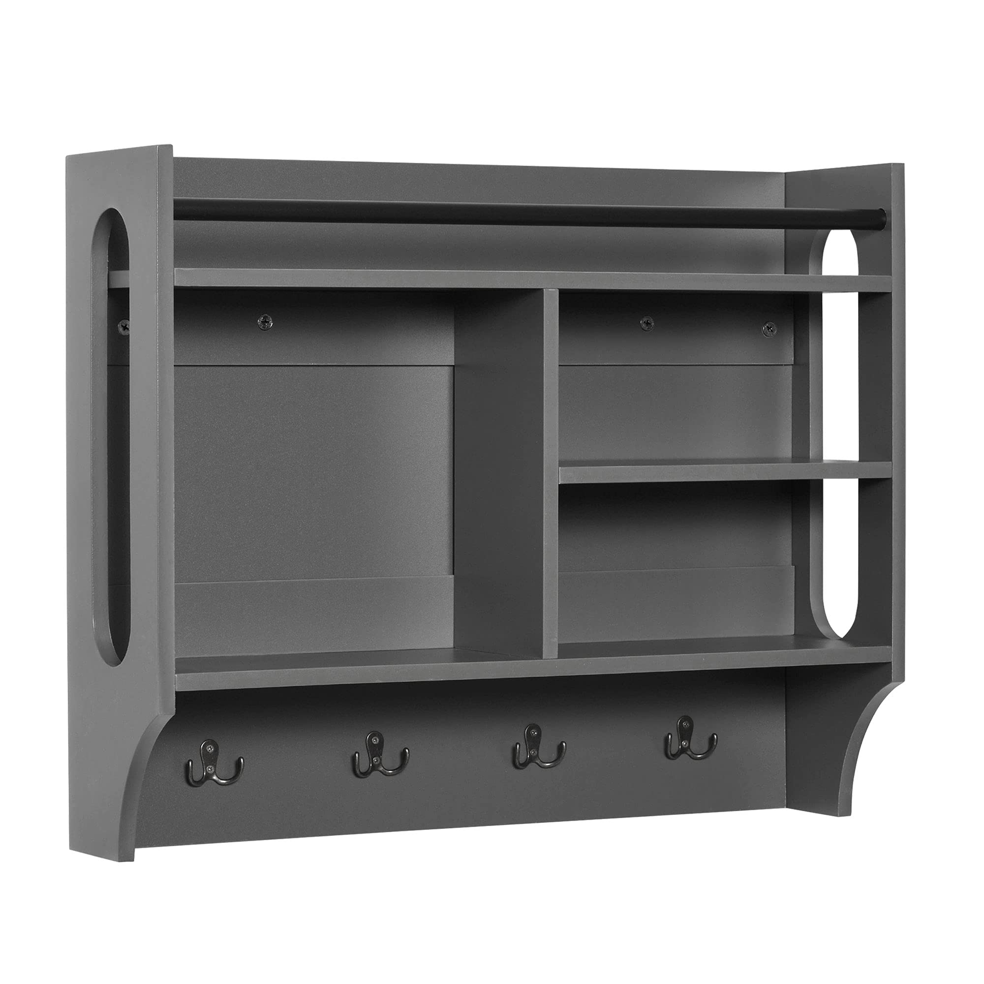 HOMCOM Wall-Mounted Floating Shelf with 4 Storage Units & 4 Dual Hooks - Space Saving Organizer for Bathroom, Kitchen, Bedroom, Living Room - Modern Grey Home Decor