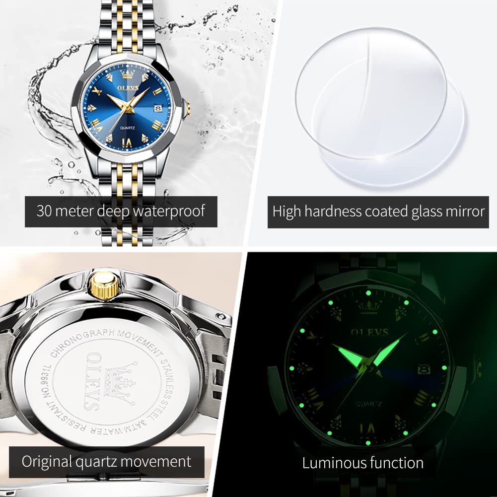 OLEVS His and Her Couple Watches Set - Analog Quartz Business Watches for Men & Women - Stainless Steel Waterproof Luminous Date Wristwatch - Perfect for Anniversary Gifts, Date Nights & Formal Occasions