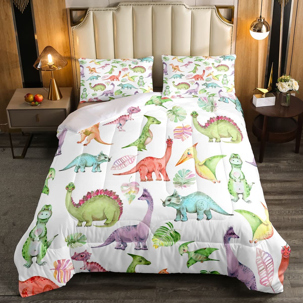 **Watercolor Dinosaur Bedding Set Full Size - Kawaii Dinos & Palm Leaves Comforter Set for Boys & Girls - Cute Ancient Animal Bedding for Kids Room Decor - Perfect Birthday Gift for Dinosaur Lovers**    *(Use Case: Ideal for kids' bedrooms, nursery decor, dinosaur-themed parties, or as a unique birthday gift for young dinosaur enthusiasts.)*