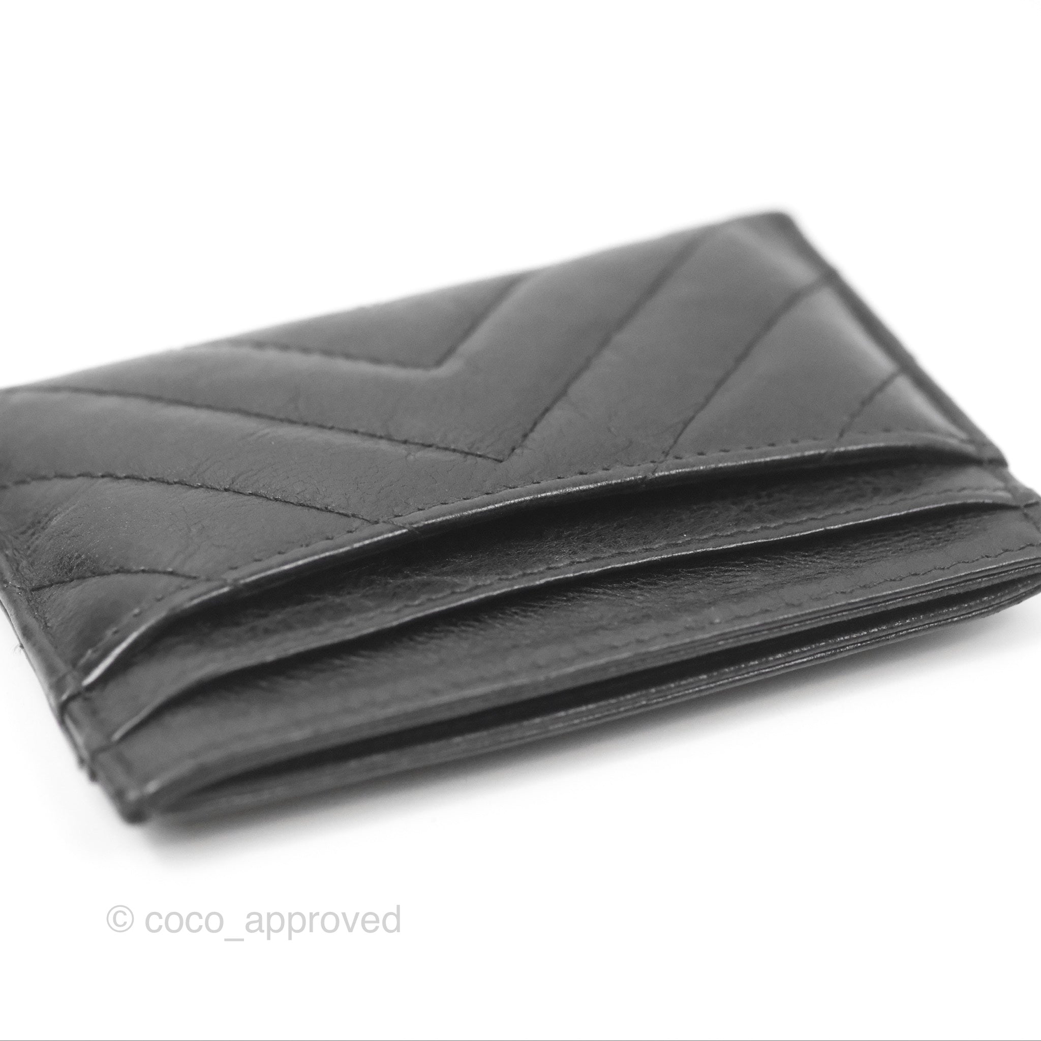Chanel Classic Flat Card Holder Chevron Black Calfskin Gold Hardware - Luxury Wallet for Women | Perfect for Everyday Use, Travel & Gift Giving