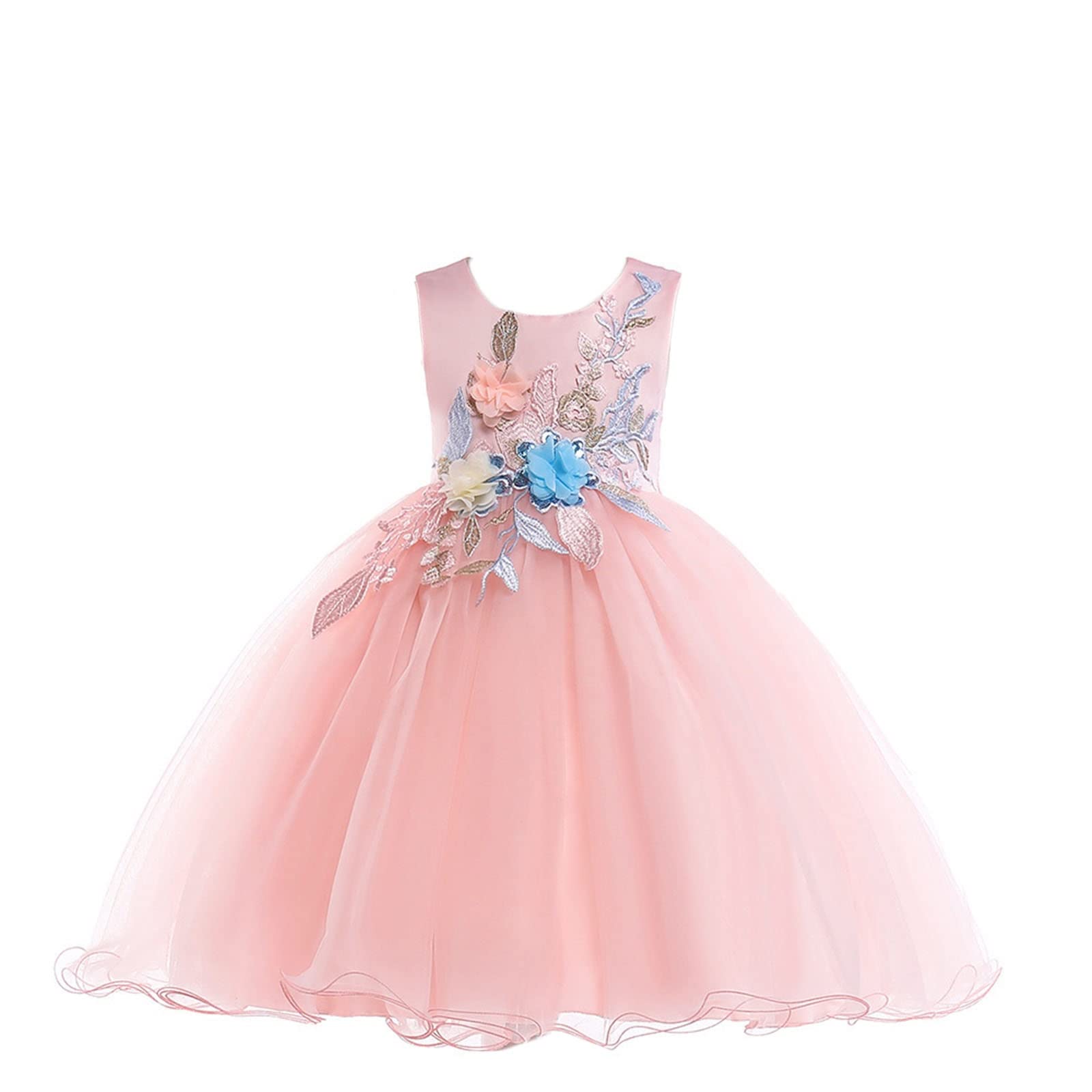 Gualiy Girls Prom Dress for Special Occasions, Pink Embroidered Tulle Dress with Tie Waist for Ages 4-10 Years - Perfect for Birthday Parties, Weddings & Formal Events