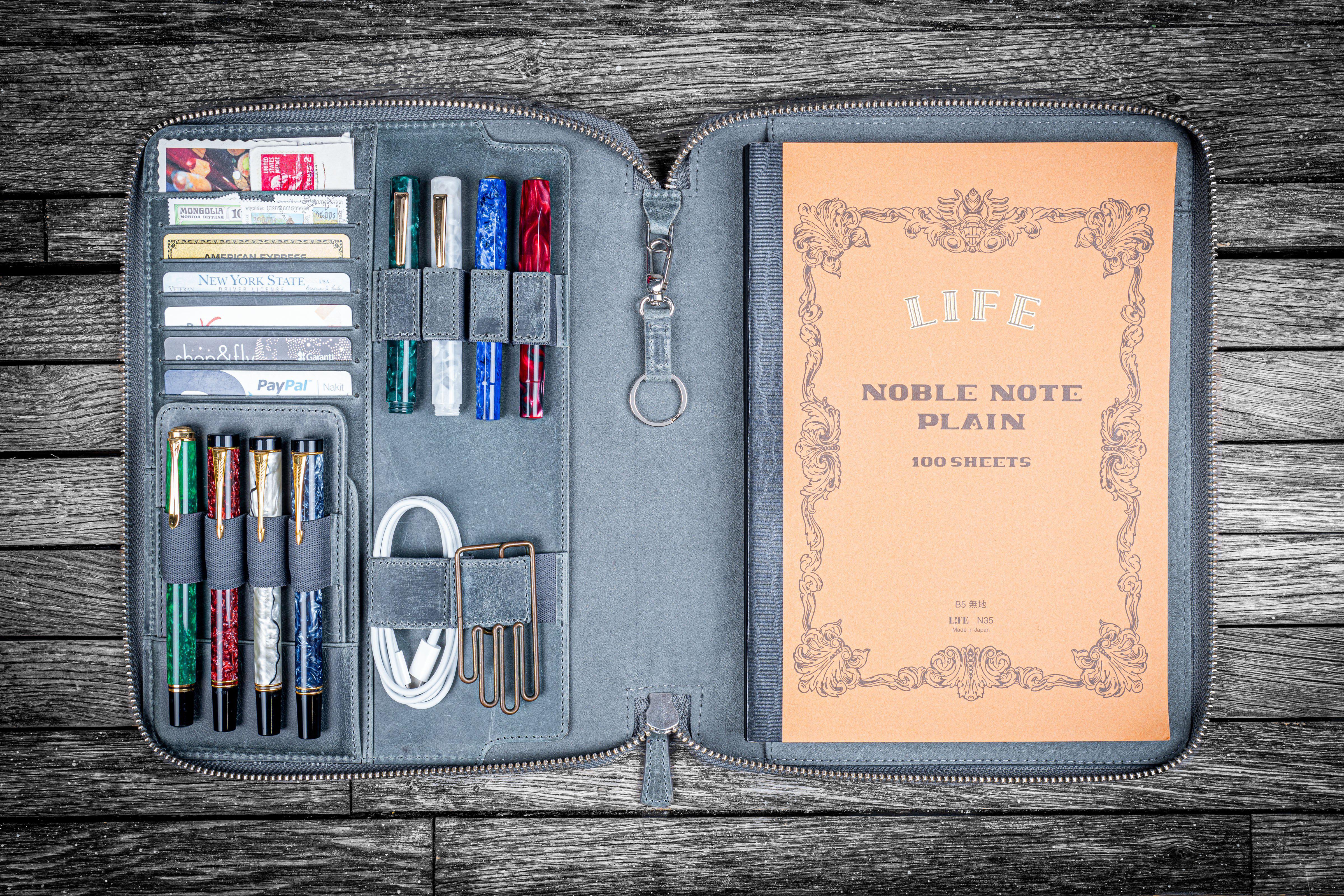 Premium Leather Zippered Folio for Leuchtturm1917 B5 & XL Moleskine Notebooks - Crazy Horse Smoky Brown - Professional Organizer for Work, Travel & School