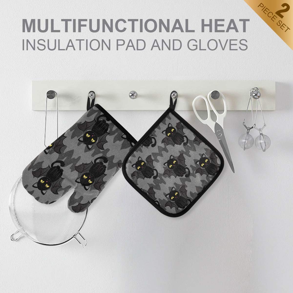 Halloween Black Cat Bat Wings Oven Mitts & Pot Holders Set - Cute Heat Resistant Non-Slip Kitchen Accessories for Cooking, Baking, BBQ - Perfect for Halloween Decor & Holiday Gift Giving