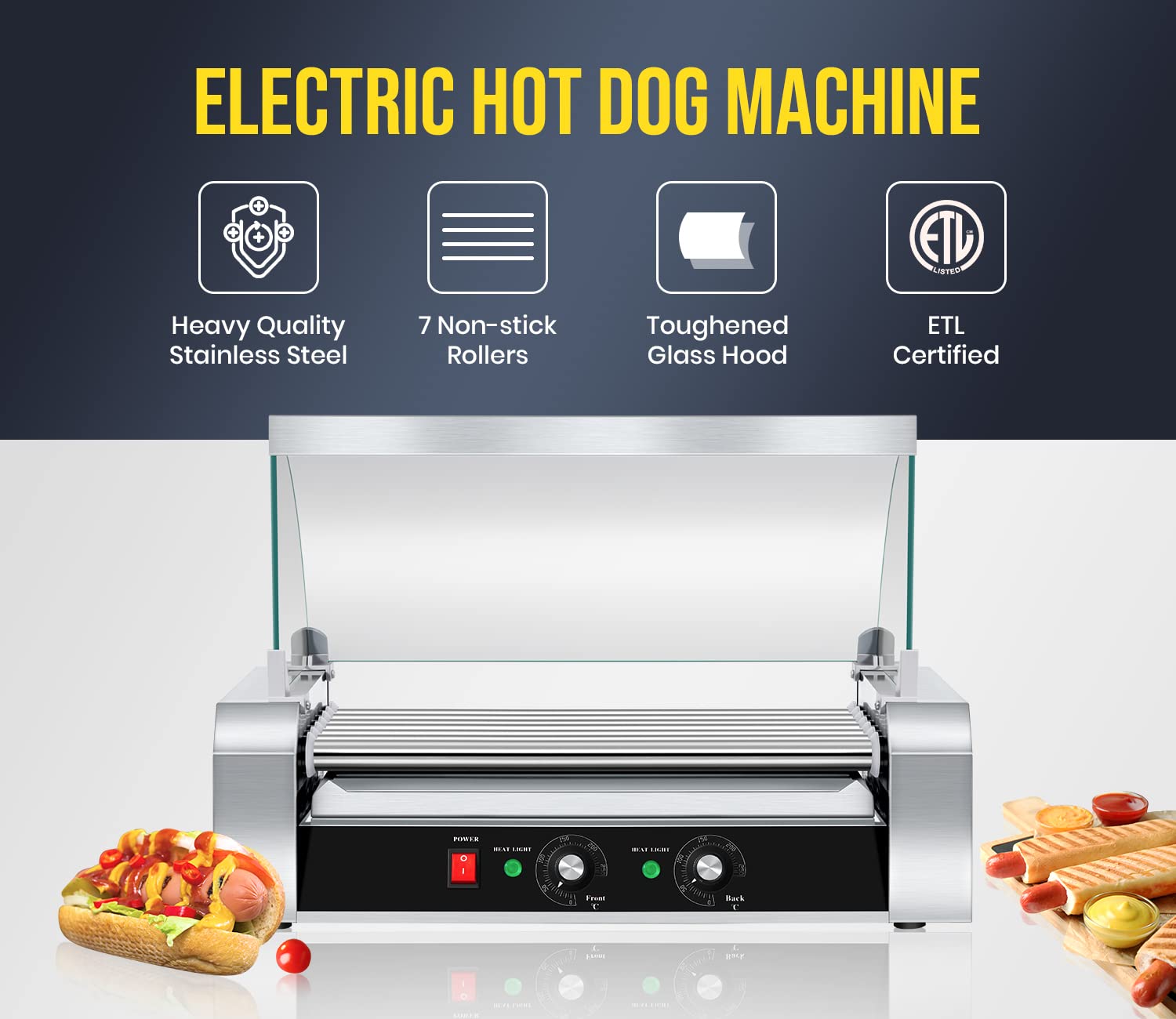 Premium SYBO Hot Dog Roller Machine - 18 Hot Dog Capacity, 7 Non-Stick Stainless Steel Rollers, 1000W Commercial Grill with Detachable Glass Cover (ETL Certified) - Perfect for Restaurants, Food Trucks, Carnivals & Home BBQs