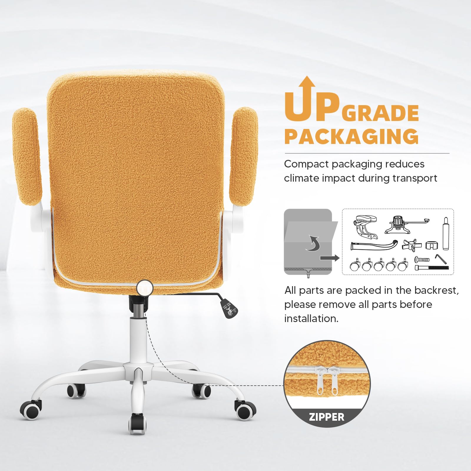 SEATZONE Yellow Office Chair with Flip-Up Armrests - Faux Fur Rolling Desk Chair with Wheels & Adjustable Back Tilt - Perfect for Home Office, Gaming, and Workspace Comfort