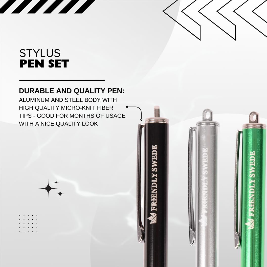 Friendly Swede Stylus Pen 3-Pack for iPad & iPhone - Touchscreen Stylus with Replaceable Tips & Cleaning Cloth for Artists & Students