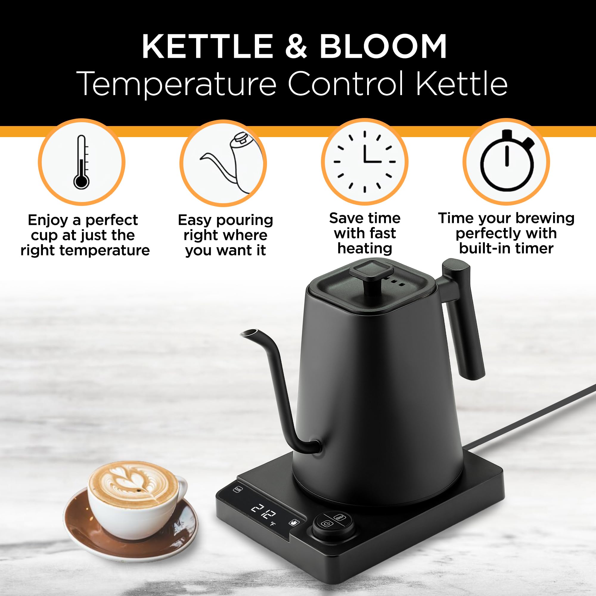 KETTLE & BLOOM 1L Electric Gooseneck Kettle with Temperature Control - Black Pour Over Coffee & Tea Kettle for Precise Brewing - Ideal for Home Baristas, Coffee Shops & Tea Enthusiasts
